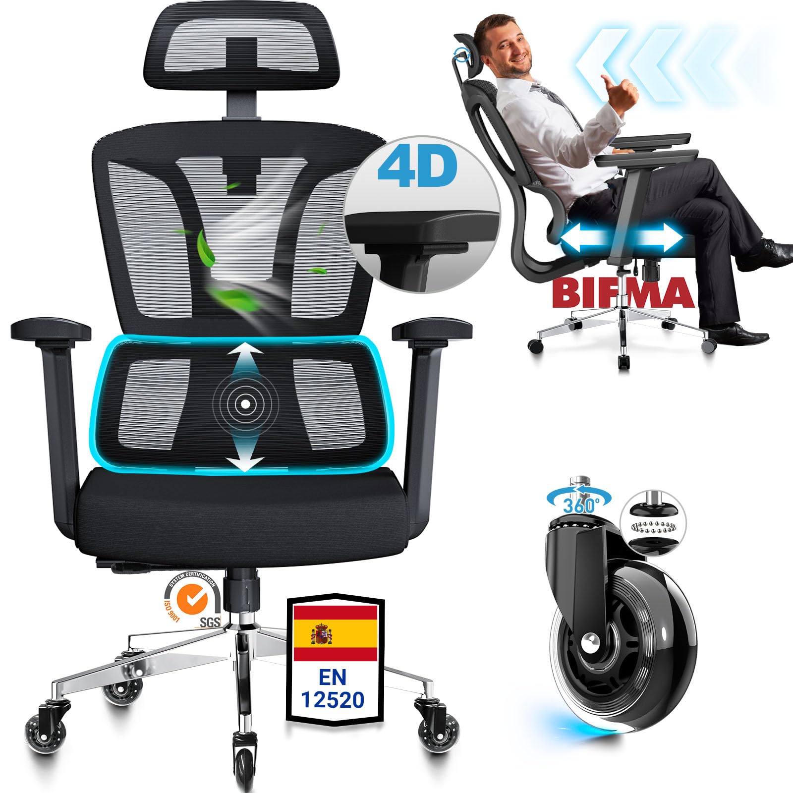 MELOKEA Silla de Oficina Ergonómica 200 KG, con Reposabrazos 4D, Asiento Ajustable en Profundidad, Ruedas de Goma, Inclinación de 4 Posiciones, Respaldo Alto, Silla de Escritorio Certificada EN 12520