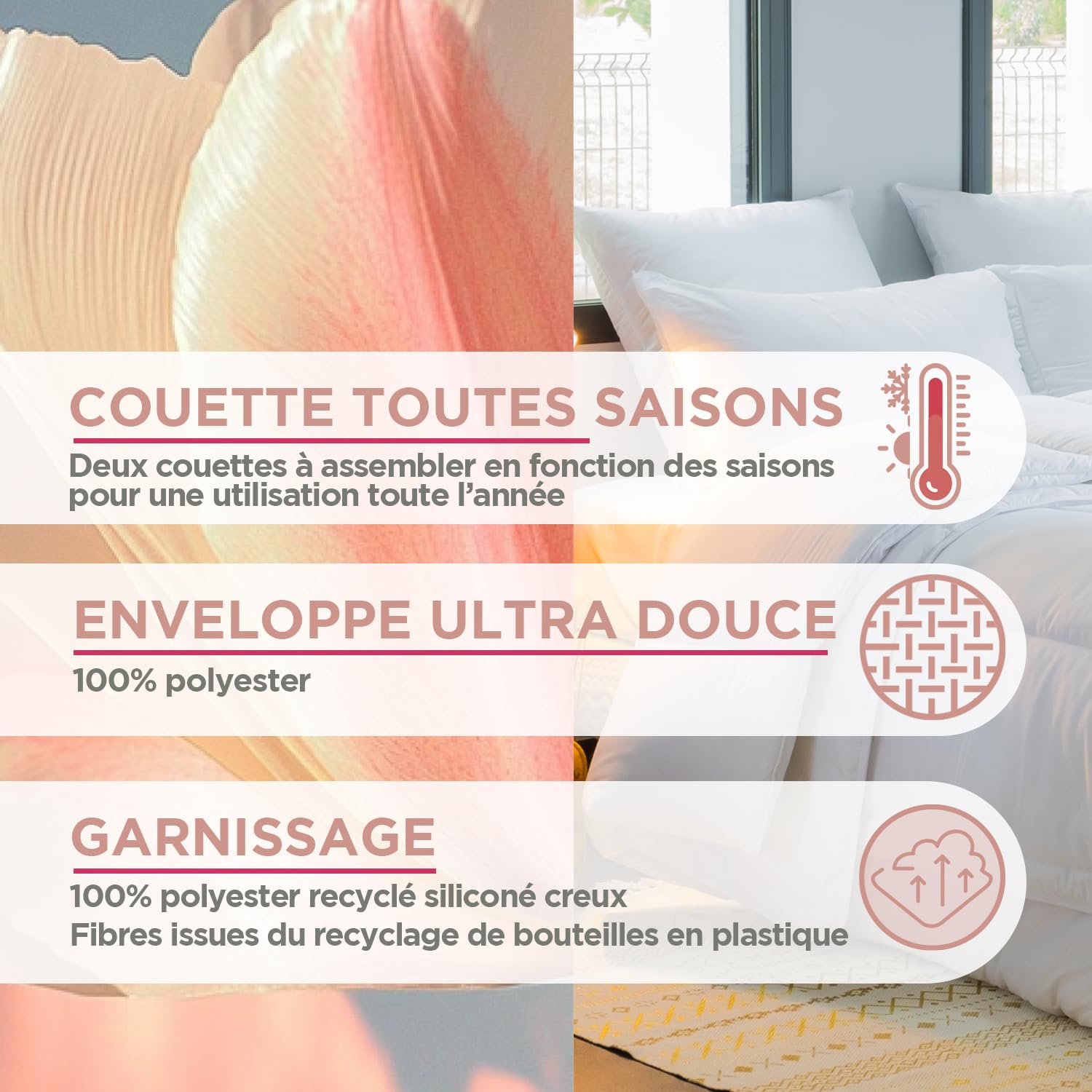 Blanrêve - 2 Couettes jumelables Toutes Saisons - 2 Personnes - 260x240 cm | Lot de 2 couettes associables par pressions pour toute l'année. 170g/m² + 250g/m². Fabrication France - Lit 160-180cm - Blanc
