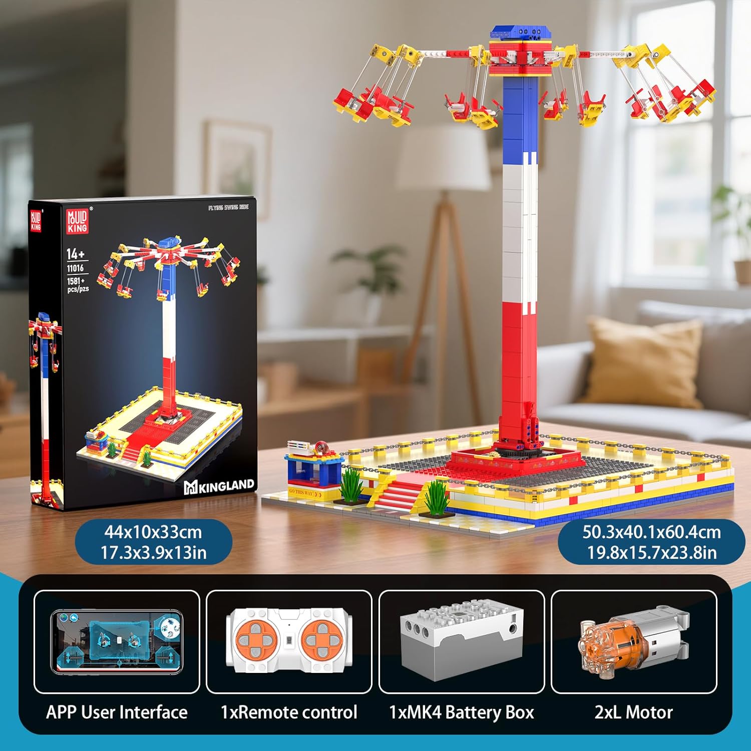 Mould King 11016 Amusement Park Building Sets, 1581+ Pieces Motorized Rotating Swing Ride with Remote & APP Control, Realistic Theme Park Model with Lift, Spin & Swing, STEM Toy Gift for Teen & Adults
