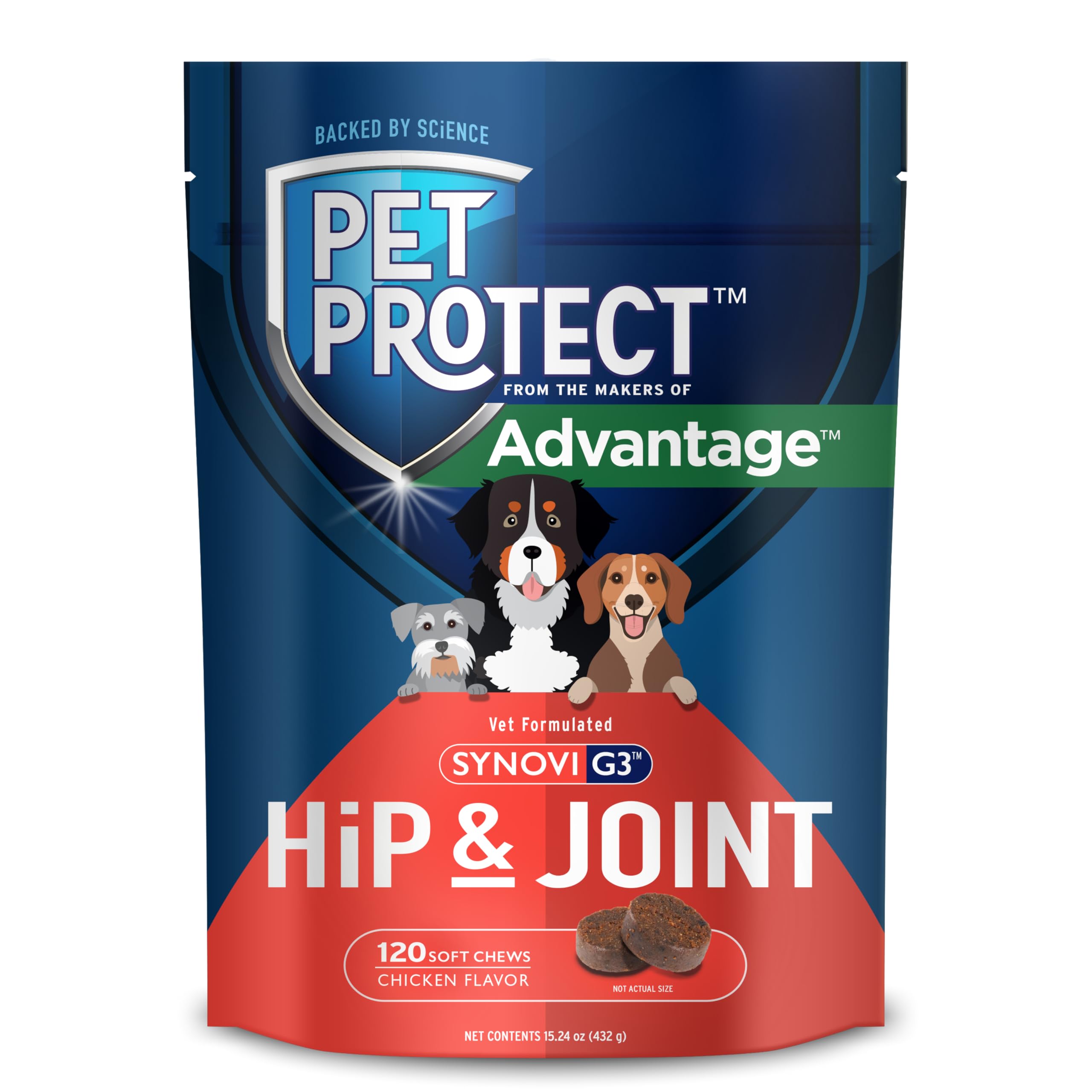 Pet Protect Dog Hip & Joint Supplement for Occasional Joint Stiffness, Vet-Formulated Synovi G3, Dog Glucosamine, Chicken-Flavored Soft Chews (120