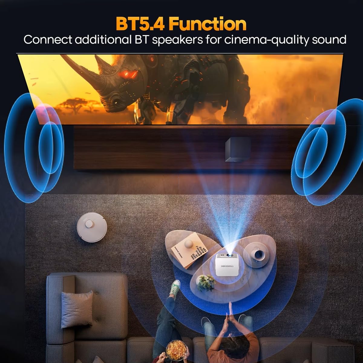 Mini projecteur Compatible 4K et 8K, Android 14 8K 400 ANSI avec WiFi 6 et Bluetooth 5.4, Mise au Point Automatique et Correction trapézoïdale Verticale, Une Utilisation en extérieur et à Domicile.
