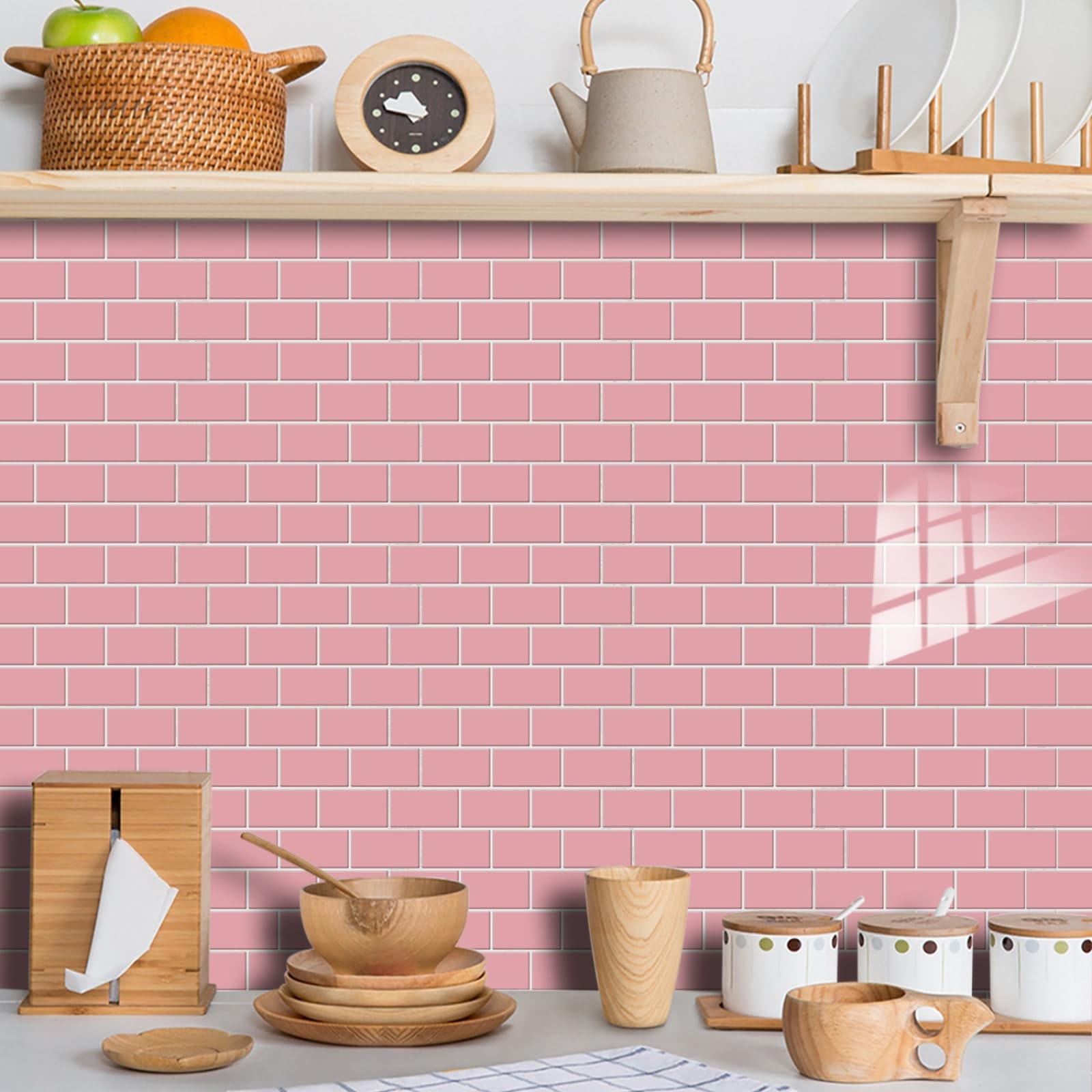 Stick on Kitchen Tiles 27x27 cm Pink Brick Peel and Wall Waterproof PVC for Fireplace Surround Furniture Decoration Tile Stickers Backsplash 20 Pcs