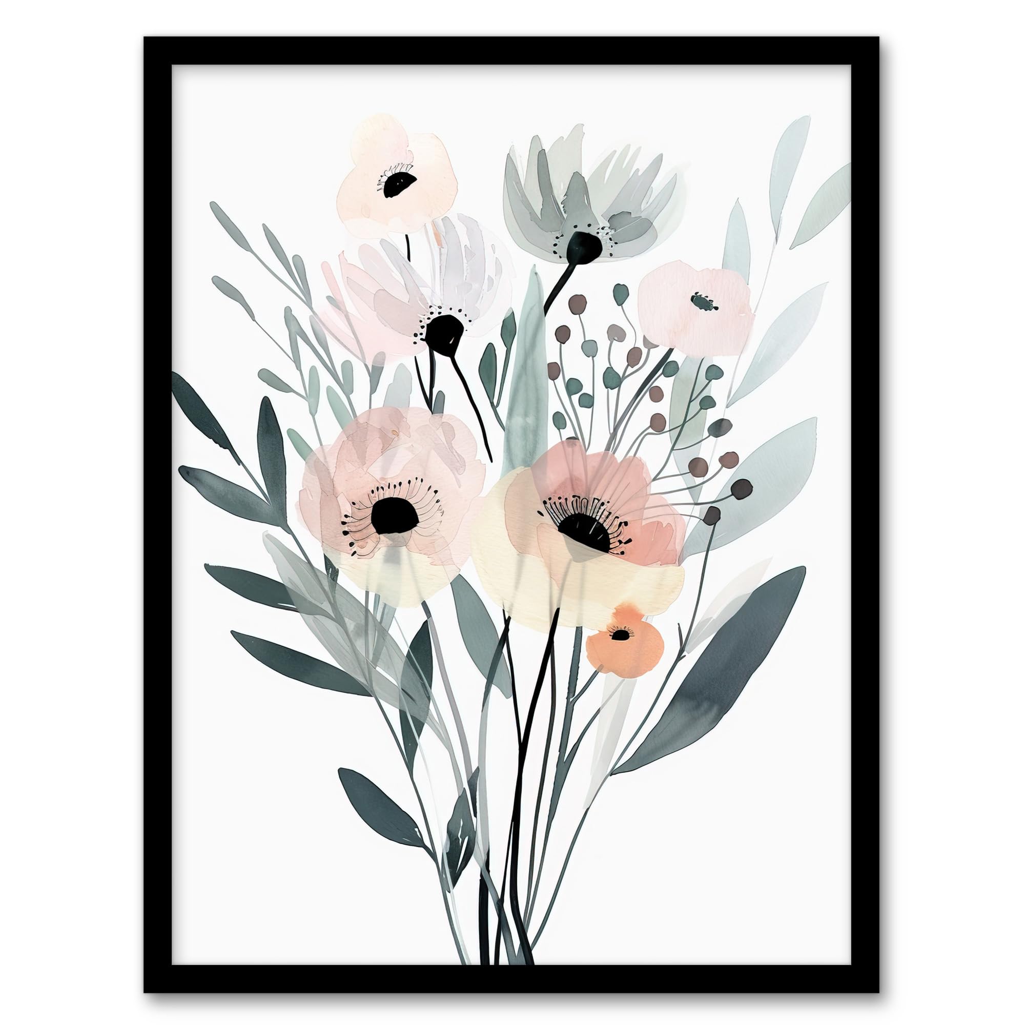 Artery8 Abstract Pastel Colour Anemone Flower Bouquet Living Room Artwork Framed Wall Art Print A4