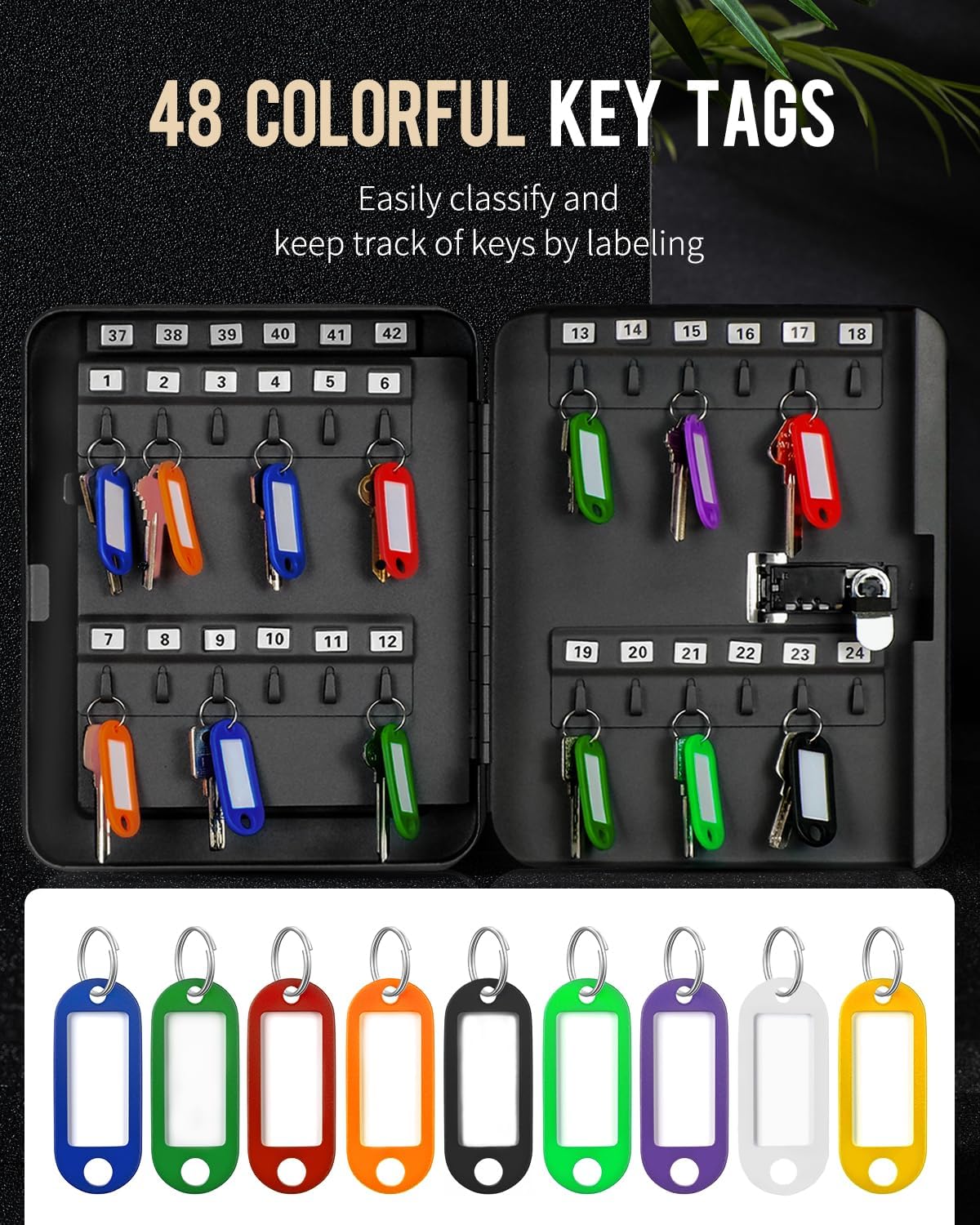 Uniclife 48 Position Key Cabinet with Combination Lock Resettable Black Digital Security Storage Box Steel Key Organizer with Colorful Key Tag Labels Stickers and Hooks