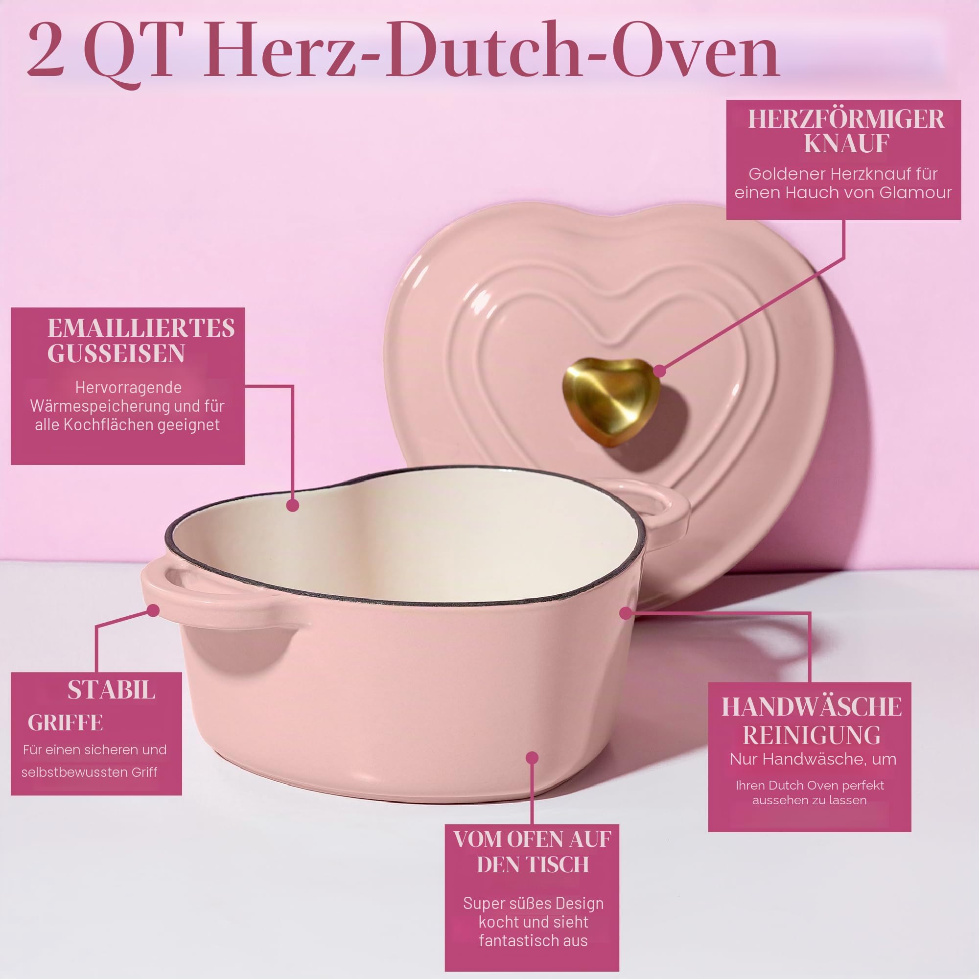 Paris Hilton Schmortopf aus emailliertem Gusseisen, herzförmig, mit Deckel, Doppelgriffe, funktioniert auf allen Herdplatten, ofenfest bis 260 °C, 2 Viertel, Rosa