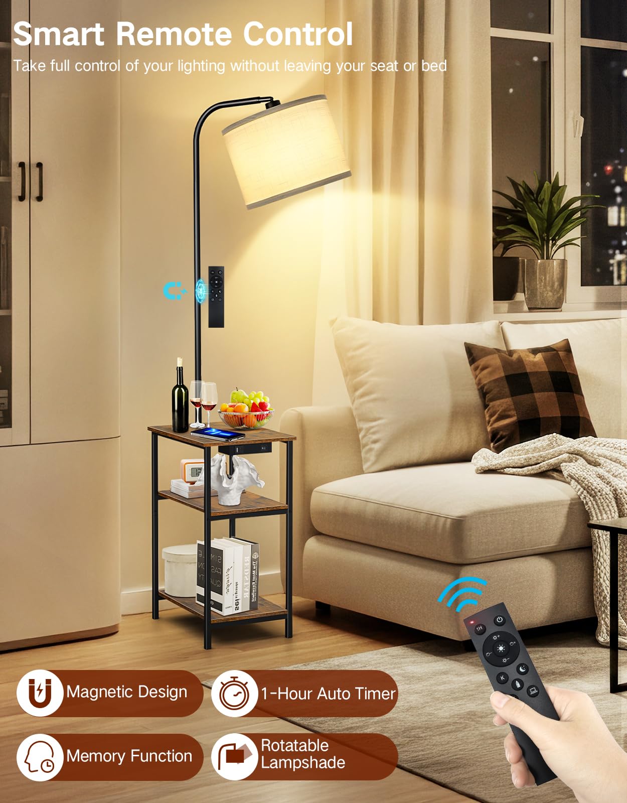 Stehlampe mit Tisch & Regal, Dimmbar LED mit Fernbedienung, 3 Farbtemperaturen, Beistelltisch mit USB-Ladefunktion für Wohnzimmer Schlafzimmer Büro