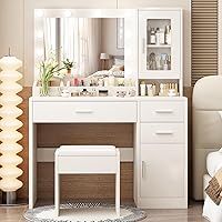 ENDYOE Makeup Vanity Desk Set with LED Lights, Mirror & Chair - 7 Shelves, 3 Drawers, Adjustable 3-Mode Lights, White Dressing Table