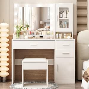 Makeup Vanity Desk Set with LED Lights, Mirror, and Chair