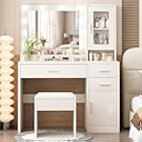 ENDYOE Makeup Vanity Desk Set with LED Lights Mirror Chair, Vanity Table with 7 Storage Shelves and 3 Drawers,3 Lighting Modes Adjustable Brightness Dressing Table for Bedroom,White