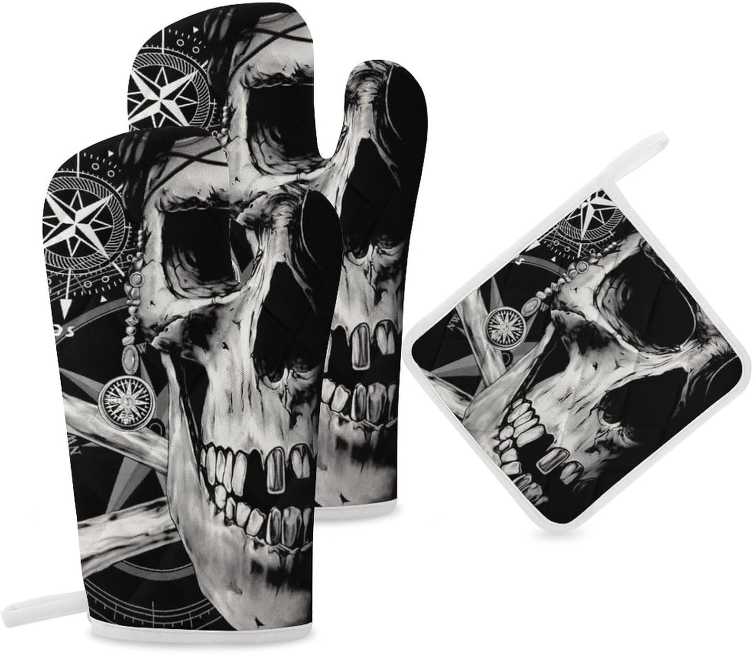 Pirates Skull Compass Print Oven Mitts and Pot Holders 3 Piece Sets Heat Resistant Gloves Hot Pads Potholders for Kitchen Baking Cooking