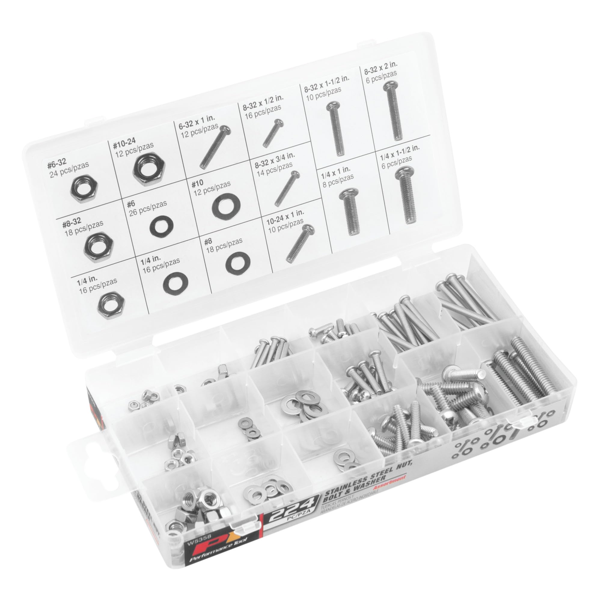 Performance Tool W5358 Assortiment de 224 pièces en acier inoxydable avec étui