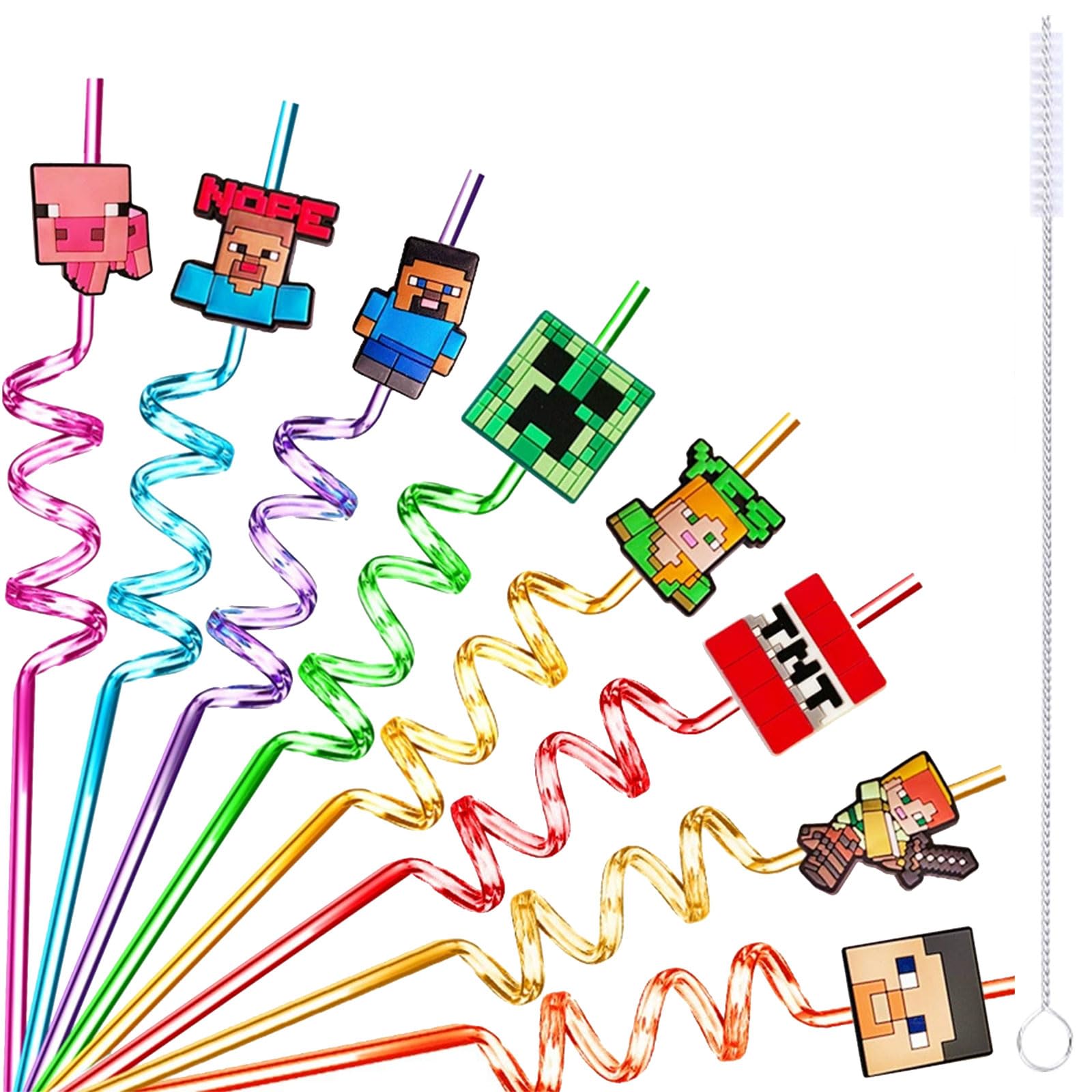 8 Pcs Party Curly Straws Reusable Drinking Straw with Stainless Steel Straw Cleaning Brush Plastic Novelty Cartoon Theme Spiral Straws for Adults Boys Girls Birthday Party Decoration (Cartoon Theme)