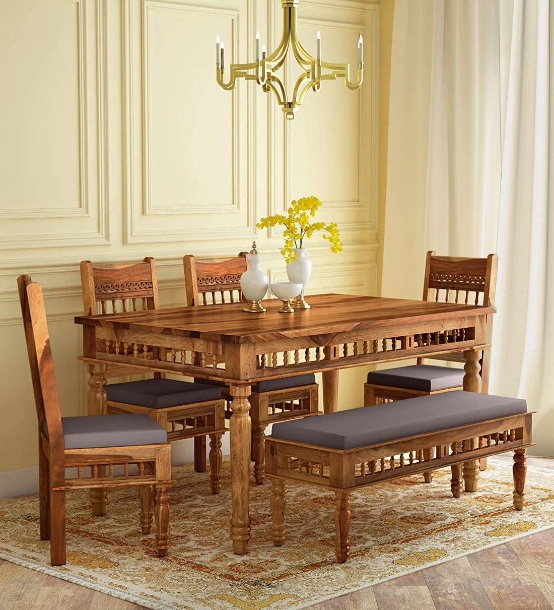 BN Furniture Solid Sheesham Wood Traditional Dining Table Set of 6 Seater with Cushioned Chairs & Bench | Wooden Dining Table Set for Dining Room, Home, Hotel & Restaurant | Honey Finish-image-34