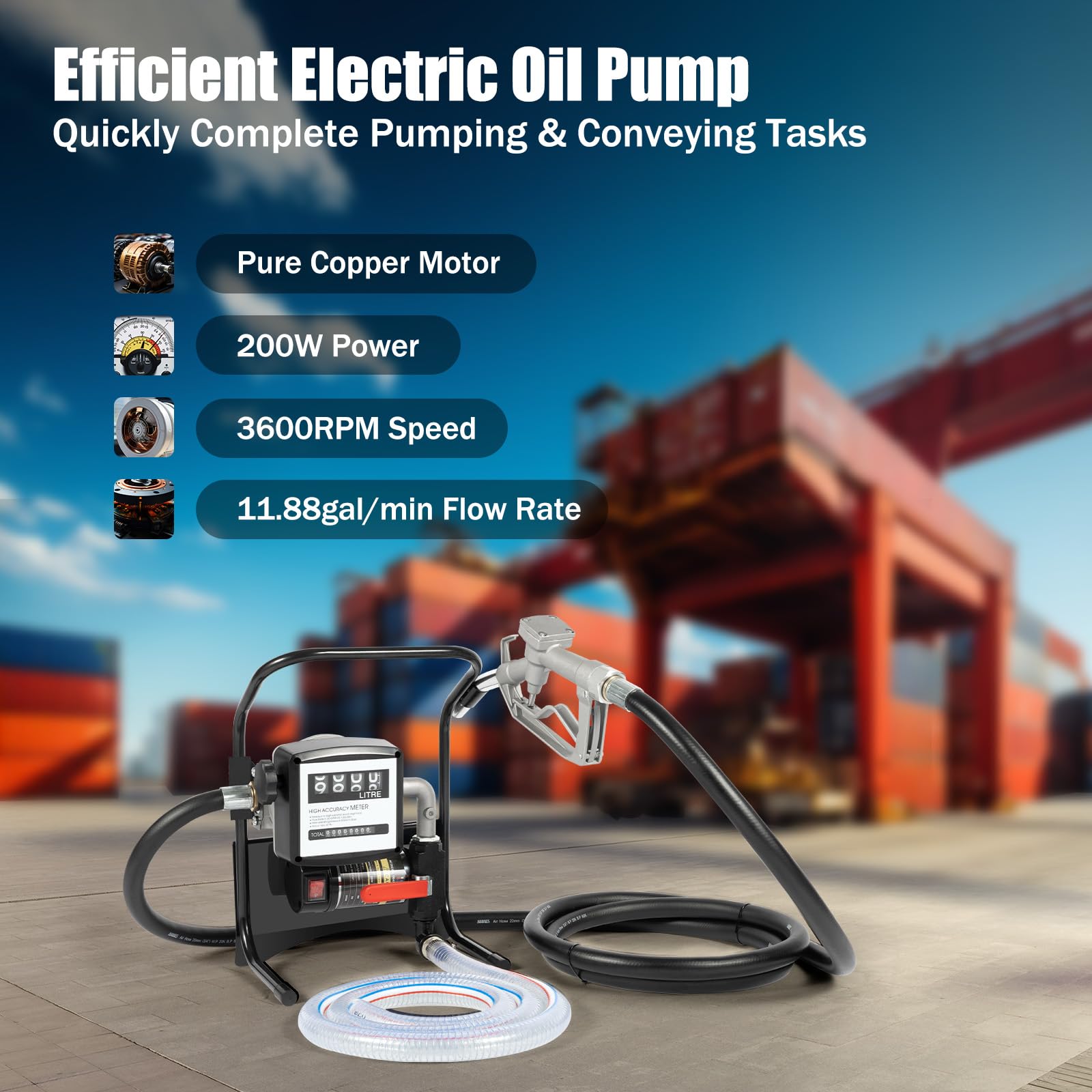 Bomba diésel profesional de 12 V, 375 W, bomba de combustible de 20 – 120 l/min, bomba de aceite horizontal de 12 V, bomba diésel con pistola de gasolina manual, contador de bombas, manguera