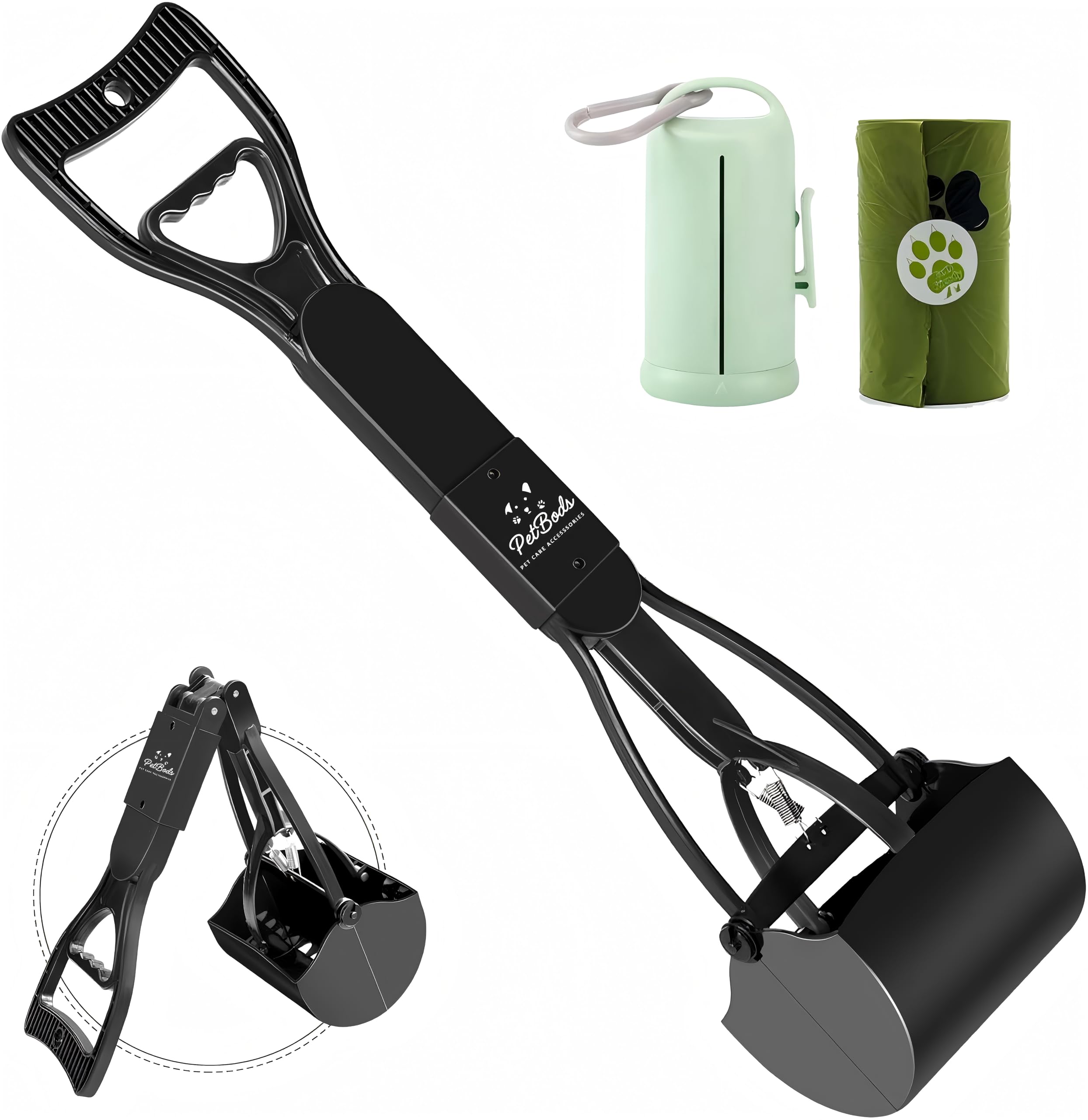 PetBods 60cm Foldable Dog Poo Scoop with Clip-On Bag Holder – Durable Long-Handle Pooper Scooper for Easy Waste Pick-Up on Grass or Gravel – Includes 1 Roll of Bags (Black)