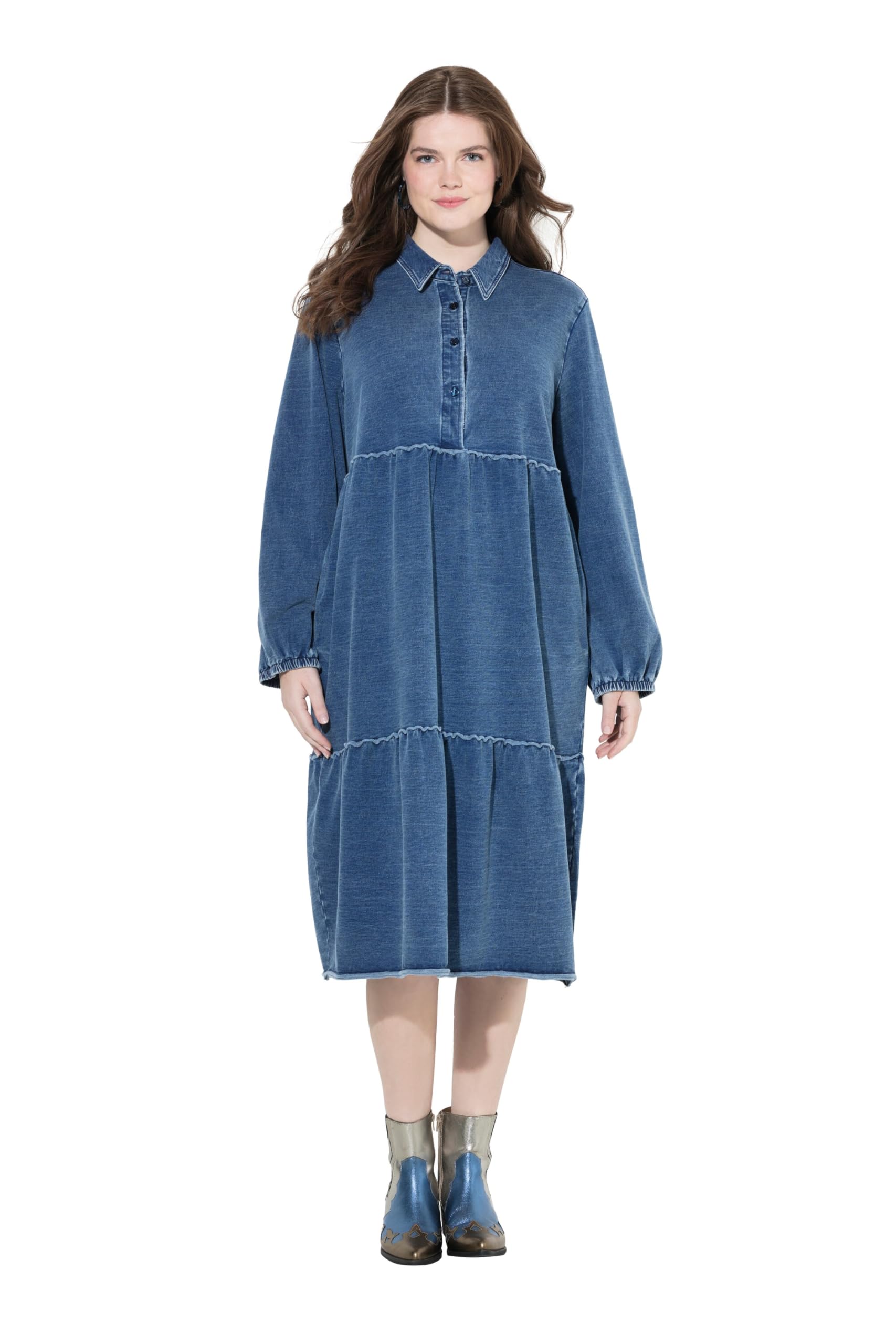 Ulla Popken Damen große Größen Übergrößen Plus Size Sweatkleid, Volants, A-Linie, Hemdkragen, Langarm 840972