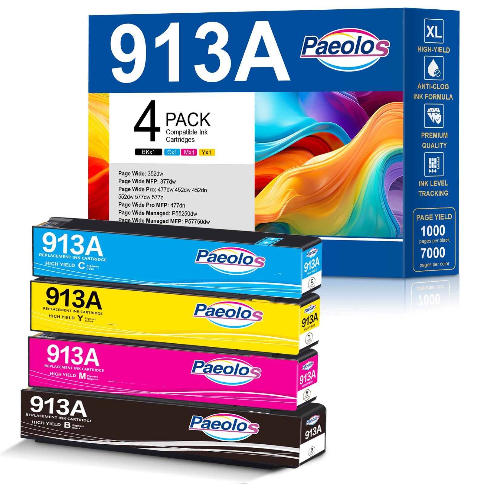 paeolos 913A Cartucce per stampanti Ricambio per 913A Nero Ciano Magenta Giallo Multipack per PageWide 377dw 477dw 452dw 352dw 452dwt 477dn 477dwt 552dw 577dw 577z (4 Pezzi)