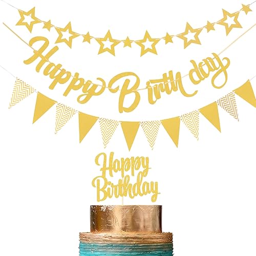 Juego de decoración de feliz cumpleaños dorado Decoración de pastel de feliz cumpleaños con purpurina de papel de estrella para colgar decoración