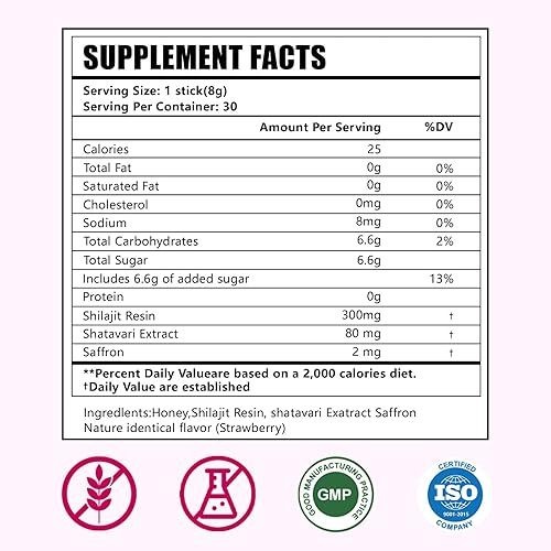 Miniatura 2 de Palitos de miel Shilajit para mujeres con shatavari y azafrán  75% más de ácido fúlvico y más de 85 minerales traza para equilibrio hormonal,