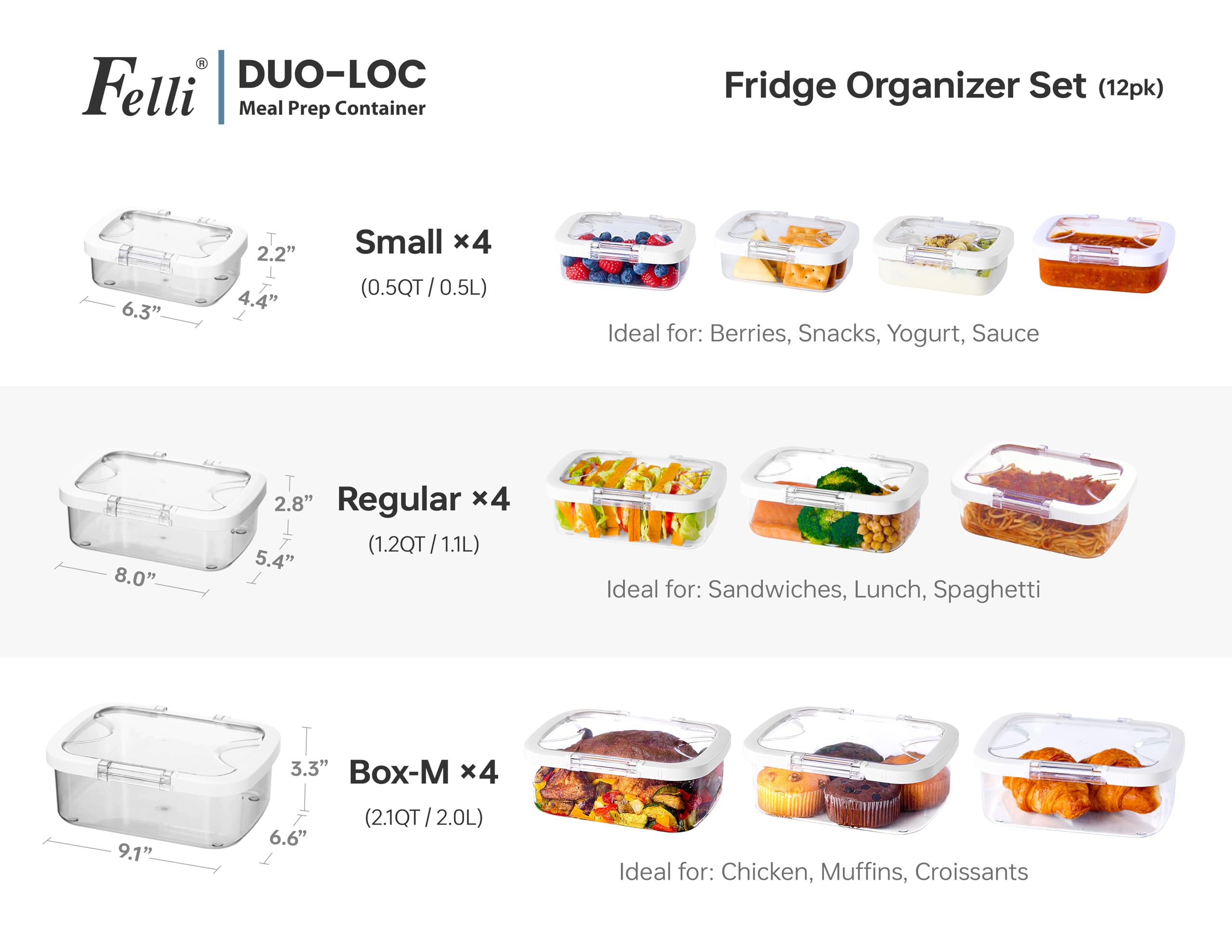 Felli Duo Loc - Contenedor reutilizable para la preparación de comidas, a prueba de fugas, apilable, para sobras, almacenamiento de alimentos, frutas, viajes, almuerzo, aperitivos, caja pequeña y
