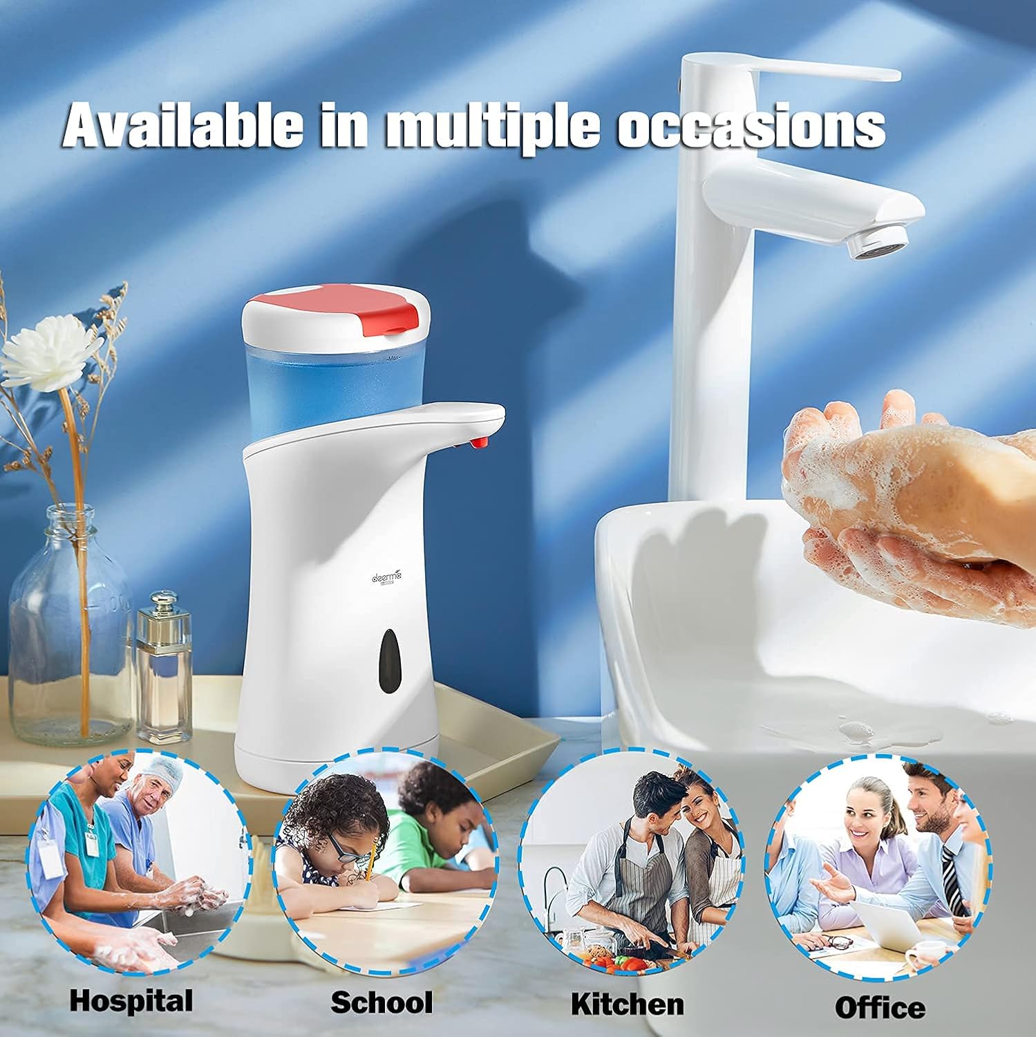 Four-step guide for setting up the Deerma soap dispenser: battery installation, soap filling, power on, and initial use