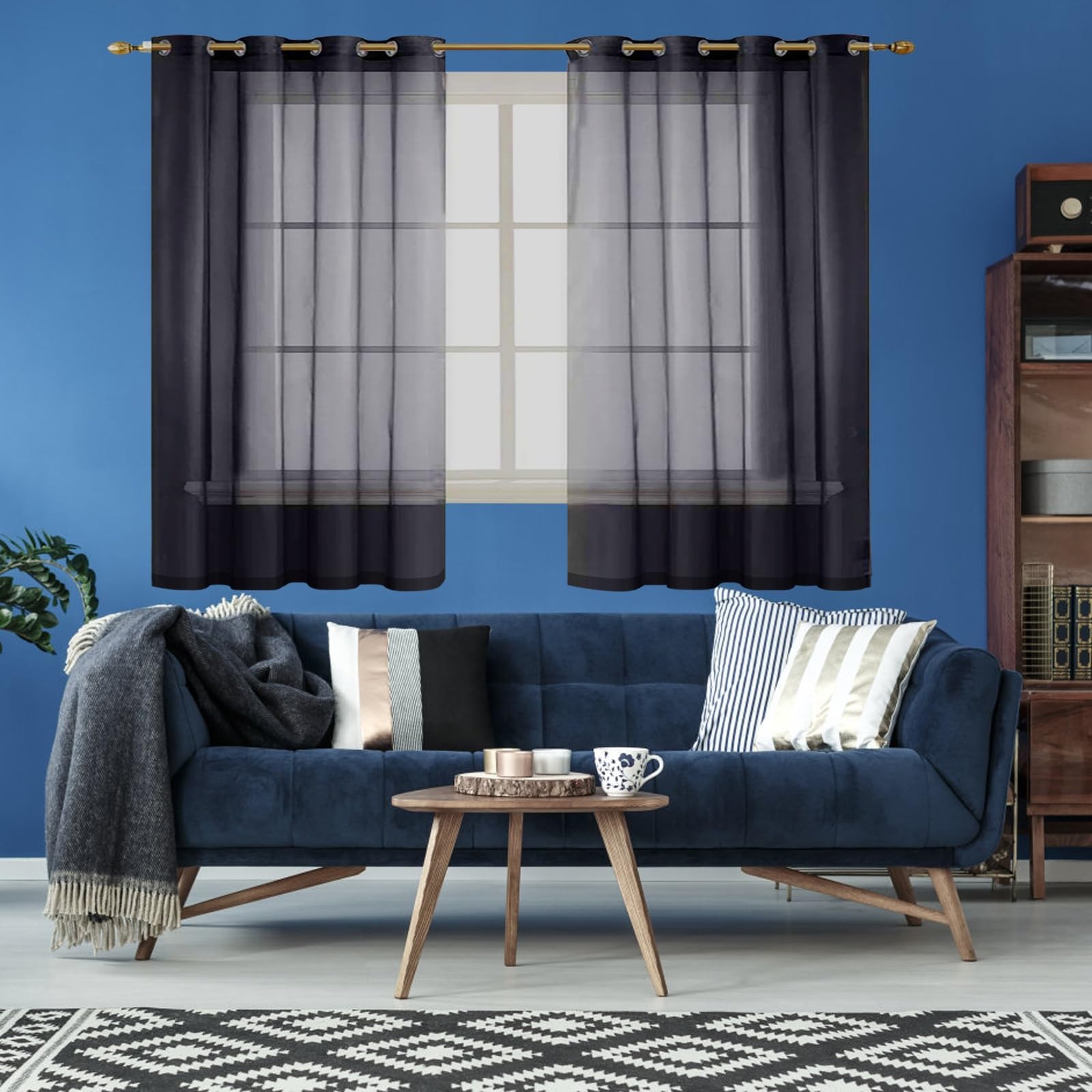 Voile Gardinen Vorhänge 210 x 70 cm Leinenoptik Gardinen mit Ösen Leinenvorhang Halbtransparent Linen Curtains Schlaufengardinen 2Er Set für Schlafzimmer Wohnzimmer, Schwarz