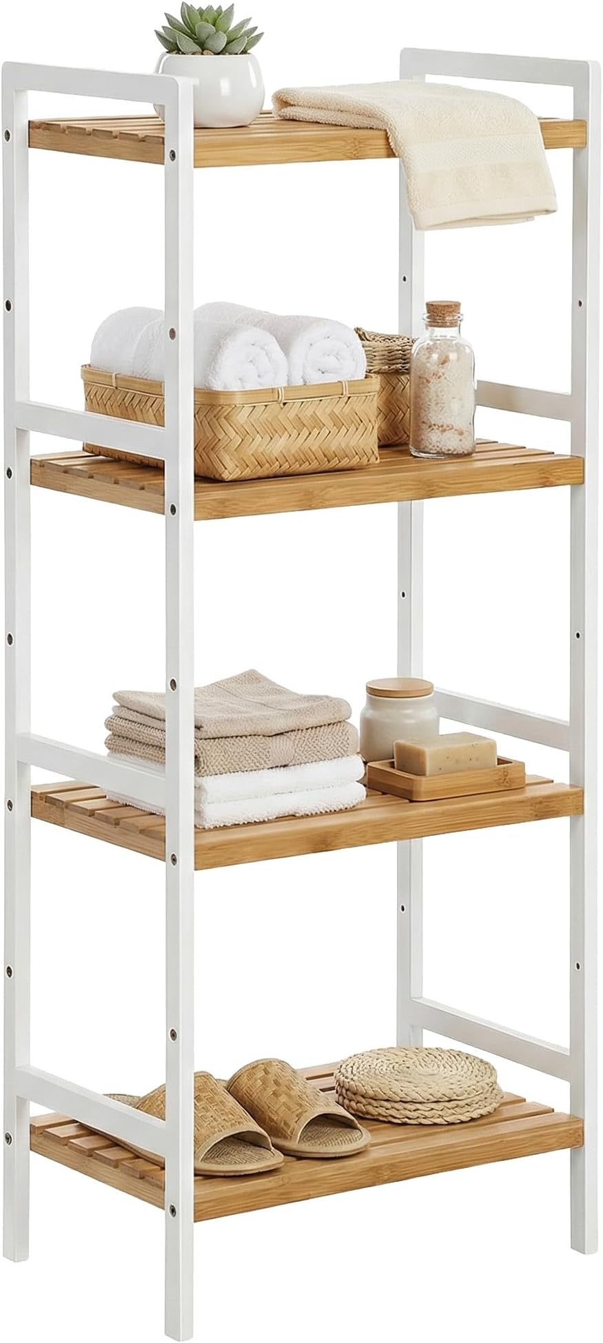4-Tier Bamboo Storage Rack for Bathroom, Kitchen, Bedroom, 45 x 31.5 x 111 cm, Natural and White BCB74WN