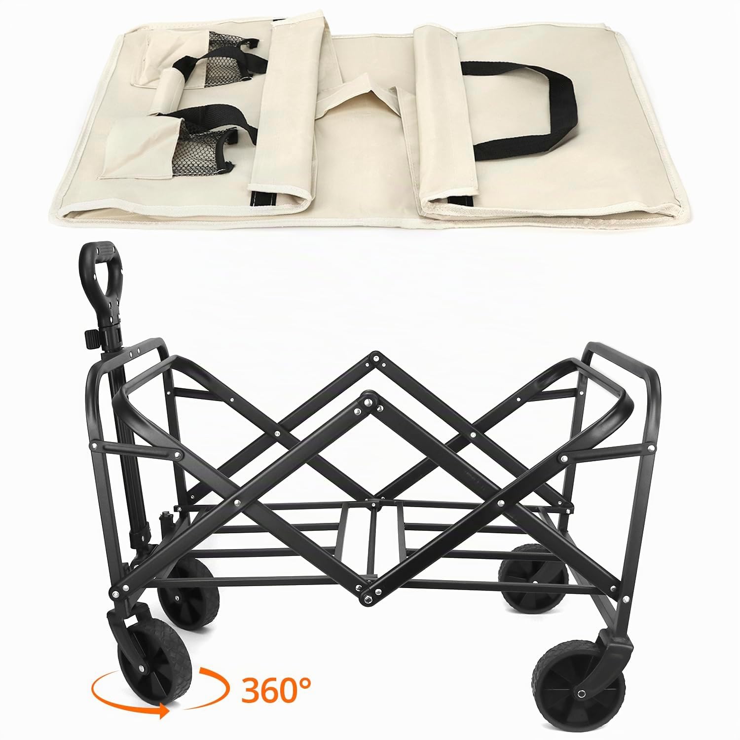 QWORK® Faltbarer Bollerwagen zum Campen, Strandwagen Transportwagen mit Verstellbarem Griff und Seitentasche, Belastung bis 80KG