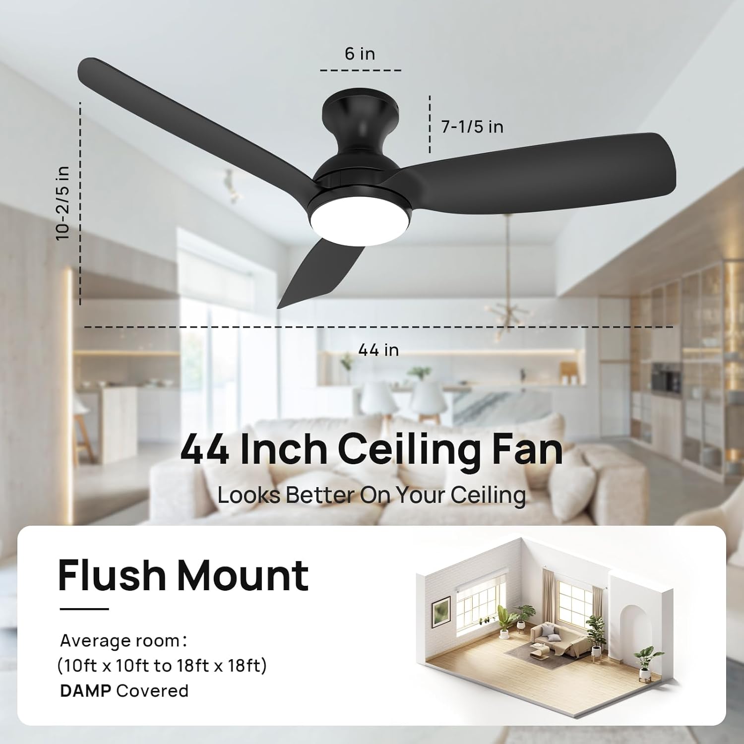 Diagram showing the dimensions of the 44-inch ceiling fan, including blade span, height, and flush mount details.