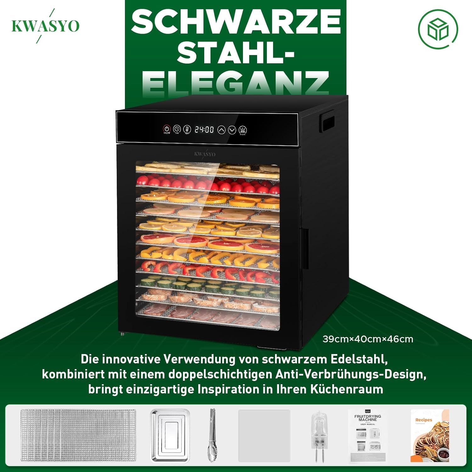 Kwasyo Suszarka ze stali nierdzewnej, 12 poziomów, całkowicie czarna, regulacja temperatury 30-90°C, timer 24-godzinny, zeszyt z przepisami na mięso, owoce, warzywa, zioła, 900 W, LT-09