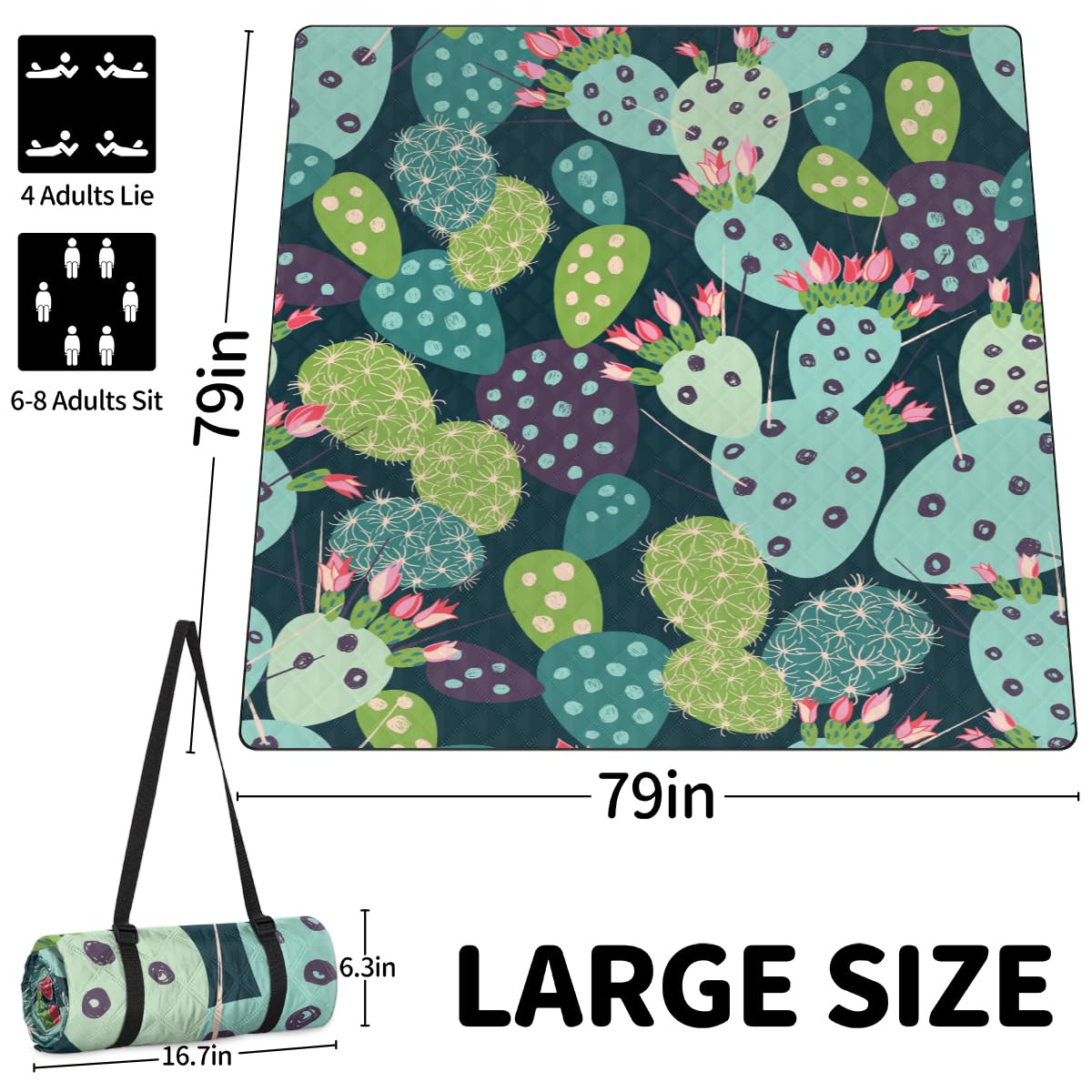 Shimoshe Extra Large Picnic Blankets 79”x 79”, Flower Cactus Waterproof Foldable Picnic Mat with Straps Portable Beach Blanket for Camping Park Grass Beach Indoor