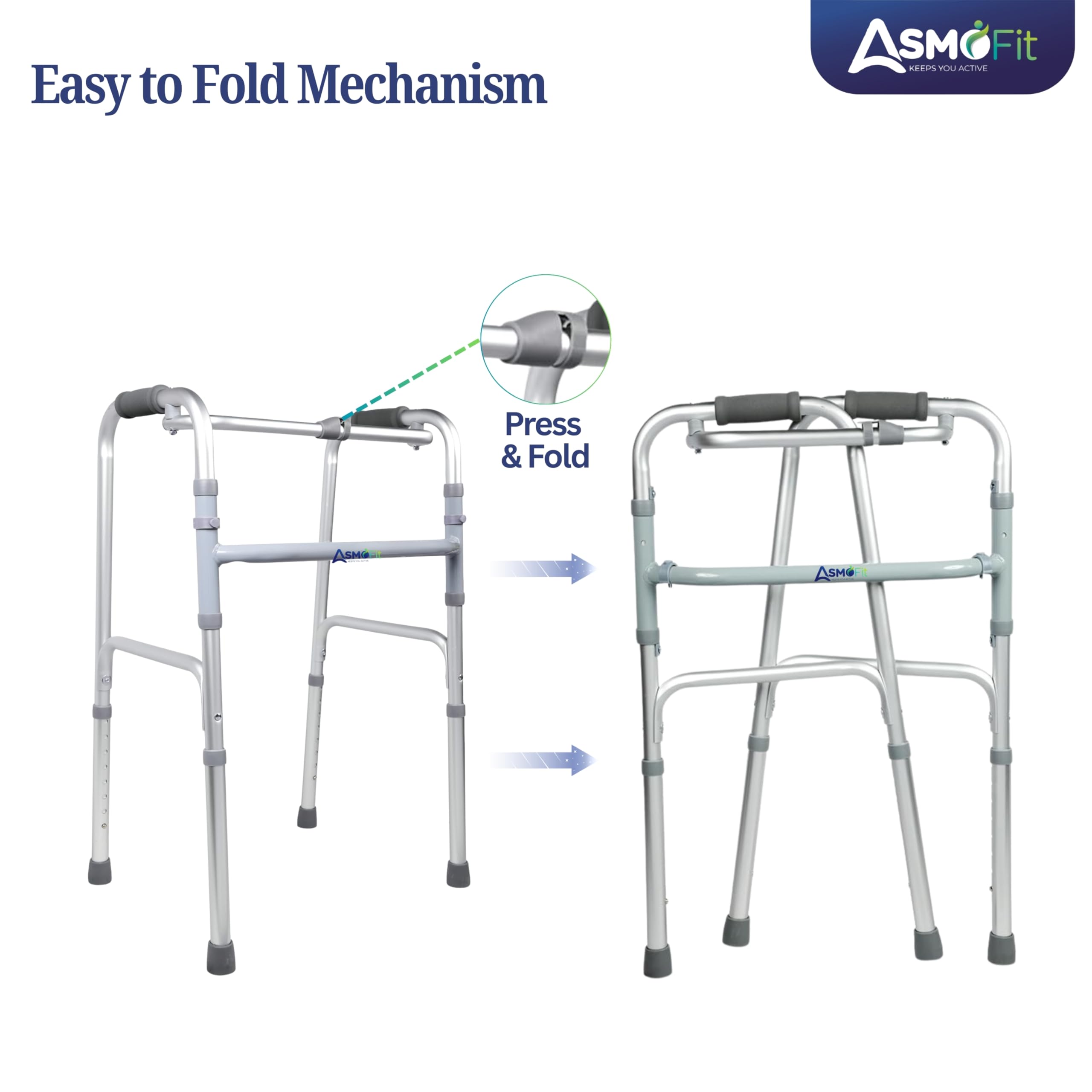 Asmofit Foldable Walker – Lightweight, Adjustable Height, Sturdy Frame for Elderly Support, Easy Mobility Aid for Seniors, Anodised Finish - Image 6 thumbnail