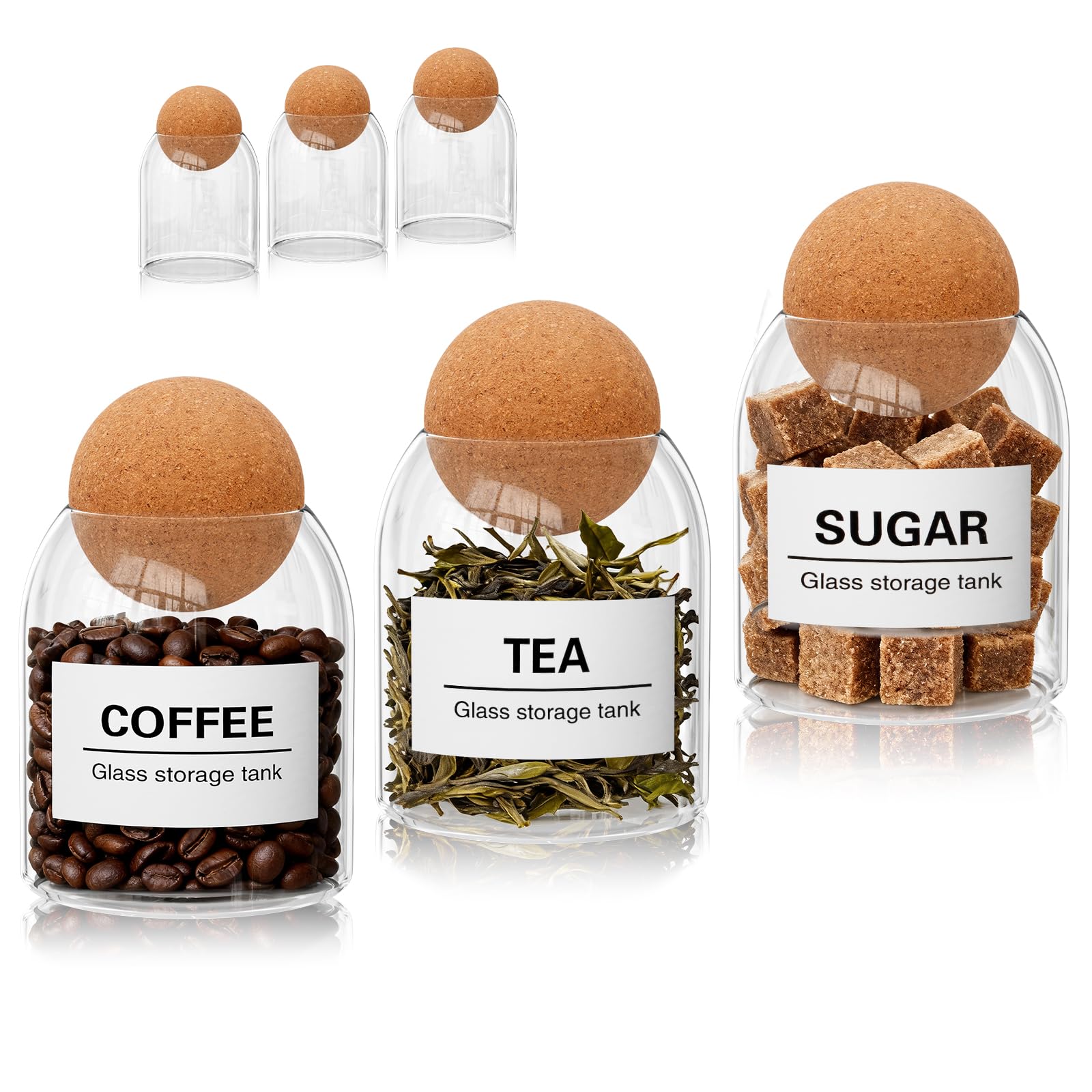 Esilihom Tea Coffee Sugar Canisters, 3 x 500ml Glass Jars with Cork Lids