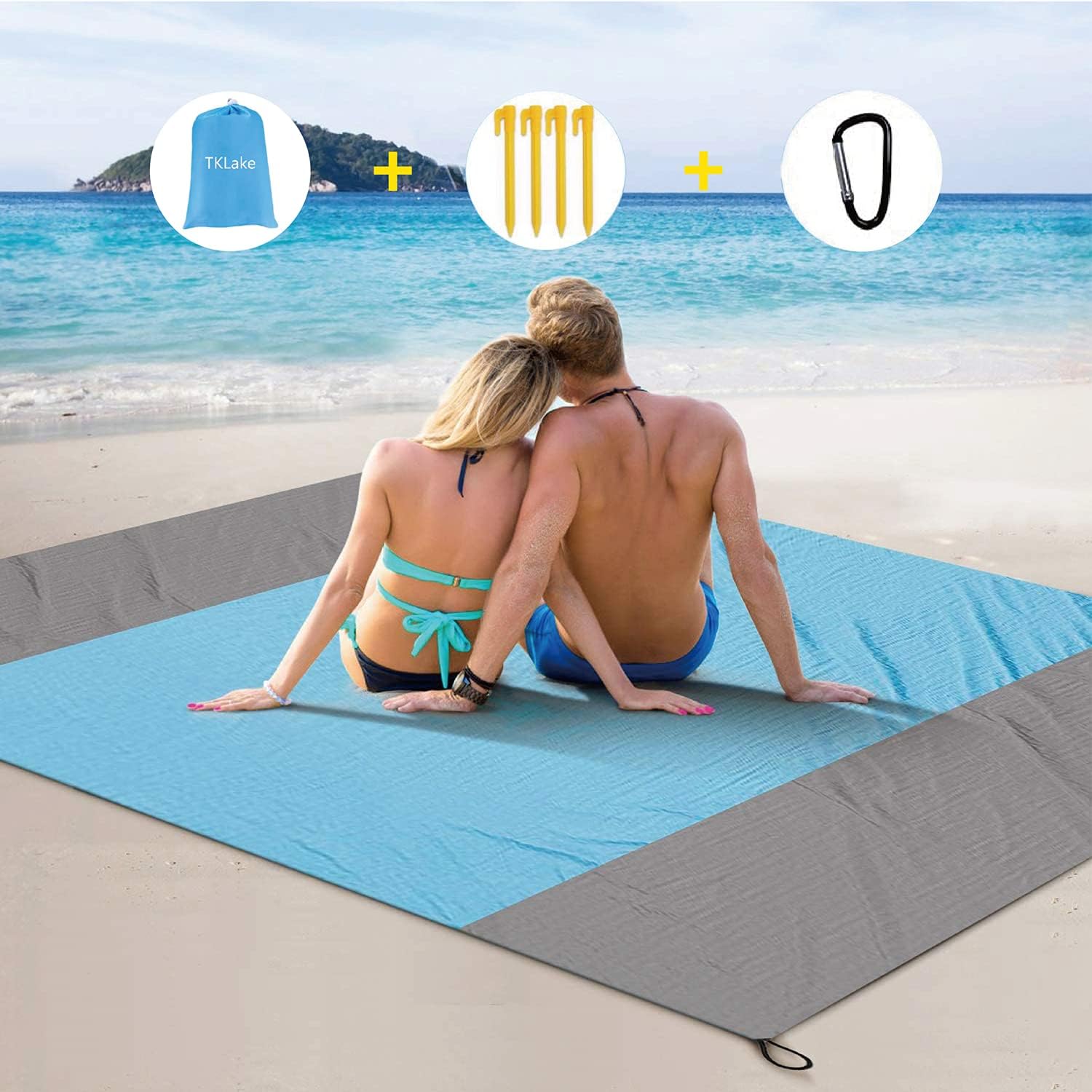 TKLake Beach Blanket, Extra Large 210 x 200cm/78.7 * 82.7IN Waterproof Sandproof Quick Drying Beach Mat with Portable Bag and 4 Fixed Nails for Beach, Camping and Grass Trips (Blue)