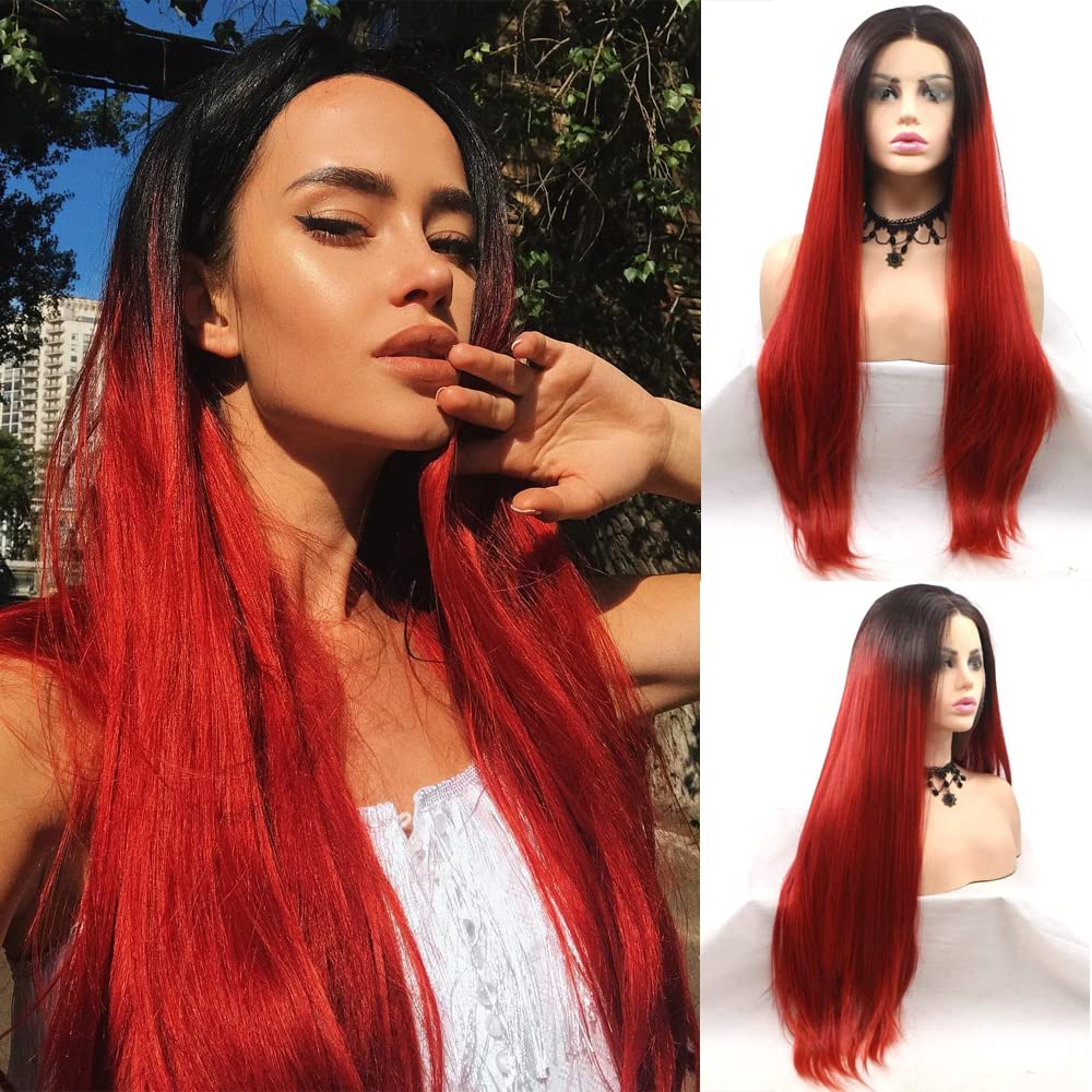 Xiweiya Dark Red Wigs for Women Glueless Lace Front Wigs Long Straight Red Brown Roots Wigs Synthetic Heat Resistant Natural Straight Hair Wig Lace Wigs180 Density 24 Inches