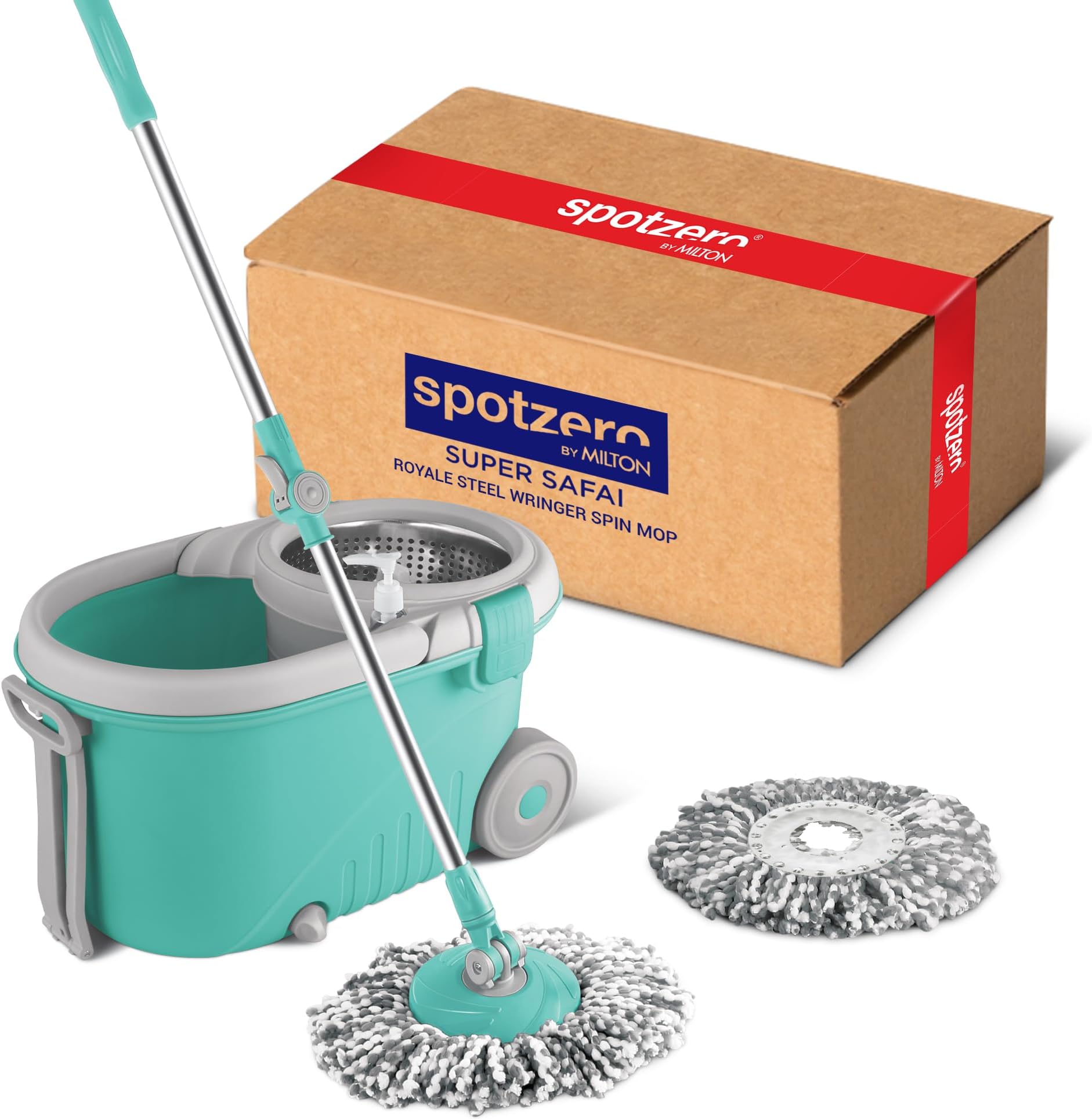 Royale Stainless Steel Wringer Spin Mop with Big Wheel and Puller Handle, Bucket Floor Cleaning and Mopping System 360° Flexible,2 Microfiber Refills, Big Size, Aqua Green