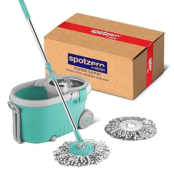 Spotzero by Milton Royale Stainless Steel Wringer Spin Mop with Big Wheel and Puller Handle, Bucket Floor Cleaning and Mopping System 360° Flexible,2 Microfiber Refills, Big Size, Aqua Green