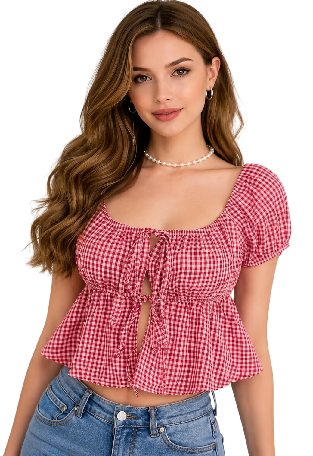 Women's Gingham Crop Top, Puff Sleeve Tie-Front Peplum Blouse-picture-48
