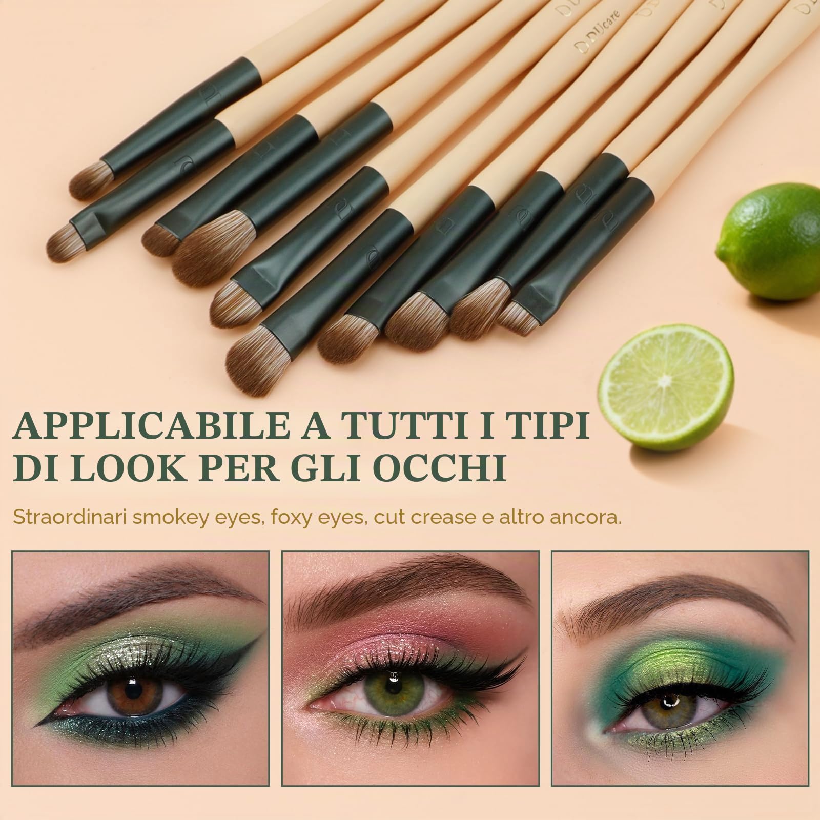 DUcare Juego de 14 brochas de maquillaje con 3 esponjas de maquillaje – Lime Series Professional Makeup Brush Kabuki Foundation