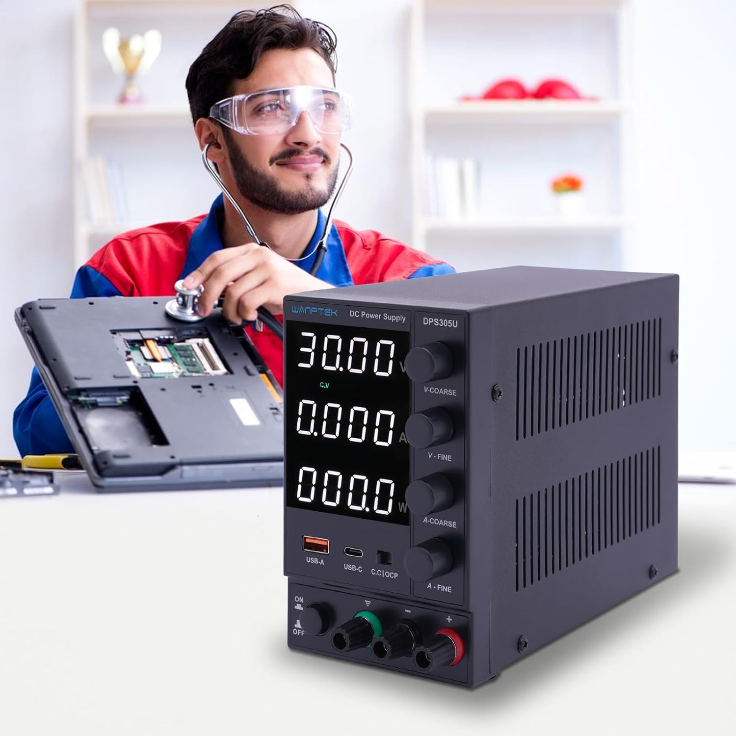 Technician using the DPS305U power supply in a lab setting