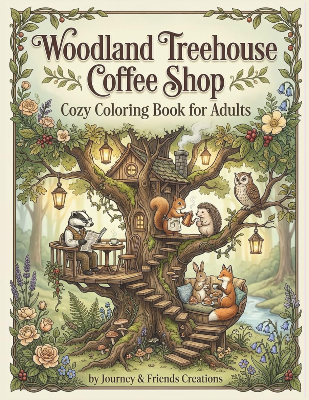 Woodland Treehouse Coffee Shop Cozy Coloring Book for Adults: Cottage Core Forest Themed Coloring Book, Intricate Detail Woodland Animals