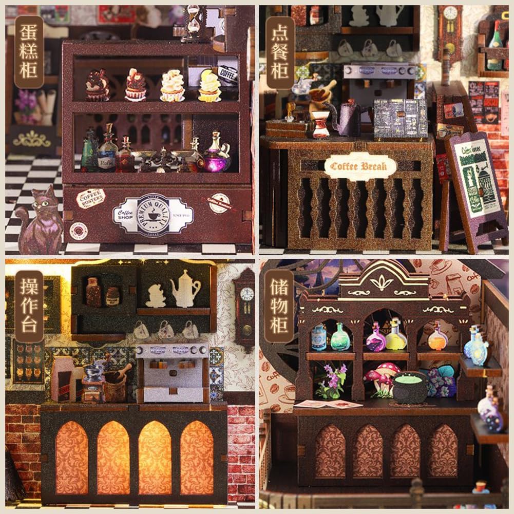 DIY Miniature Coffee Shop Book Nook Kit, LED Light, Dollhouse Model 3D Puzzle, Assembly Bookend for Adult