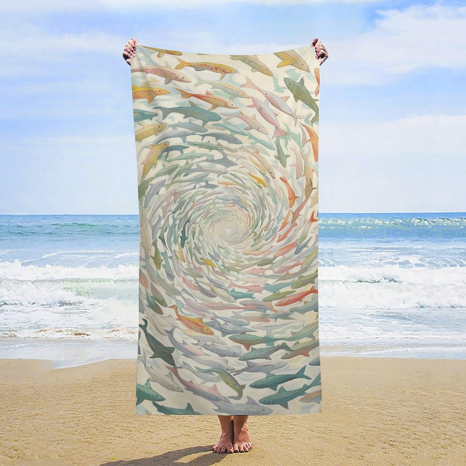 NTVOWPZO Colorful Swirls of Fish Beach Towel Oversized Microfiber Bath Towels Lightweight Sand Proof Beach Towels Absorbent Pool Towels for Swimming Yoga Bathroom Towel 31.5" X 63"