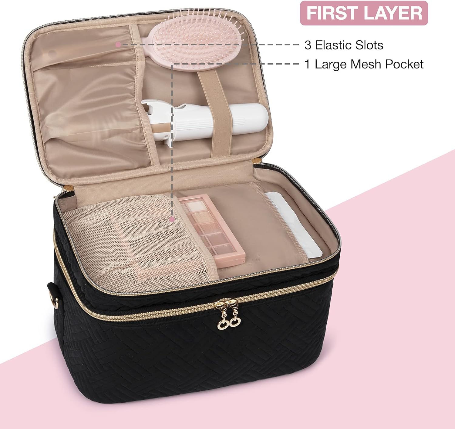 Large Makeup Bag,BAGSMART Double-Layer Makeup Case with Shoulder Strap Cosmetic Organizer Bag Train Case for Makeup Brushes Palettes Sponge Toiletries,Black : Beauty & Personal Care