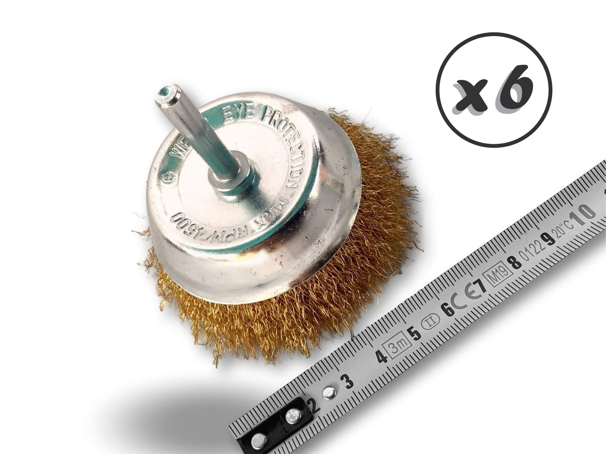 Metalowa szczotka obrotowa do cięcia Ø 75 mm | Zestaw 6 | Na trzonku Ø 6 mm | Nici mosiężne Ø 0,20 mm miękkie | Do wiertarki lub wkrętarki z uchwytem | Kibros 2575LVx6