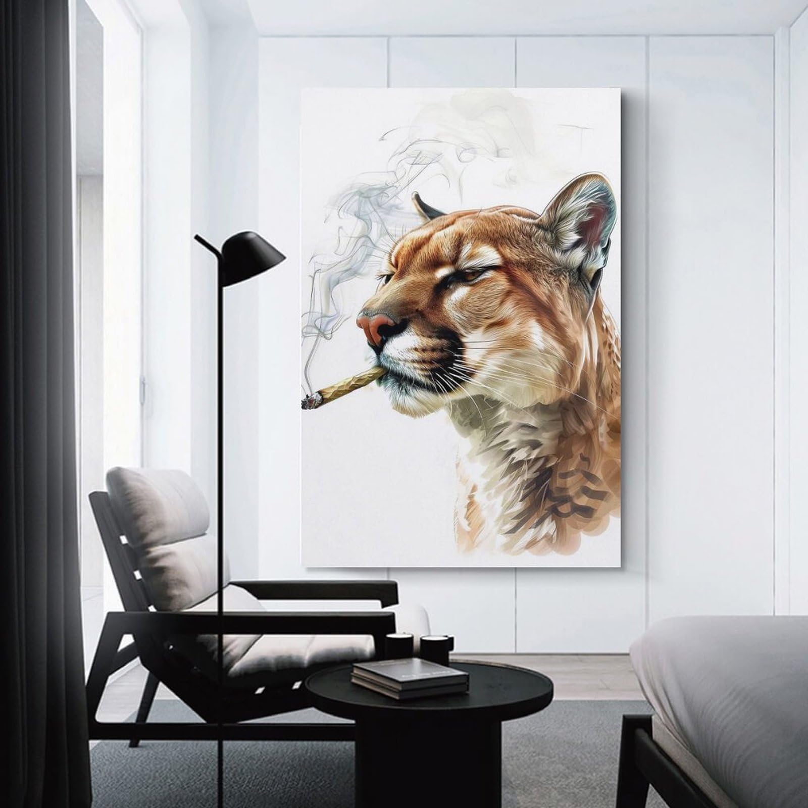 Junmoney Canvas Art Print Smoking Cougar, 12x18inch(30x45cm), for Office, Study Or Home Workspace, Home Office Artwork with Decorative Appeal