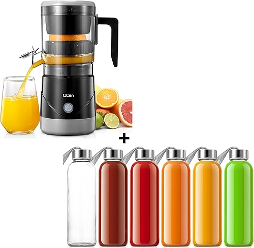 Qcen Exprimidor eléctrico de cítricos negro y paquete de 6 botellas de vidrio