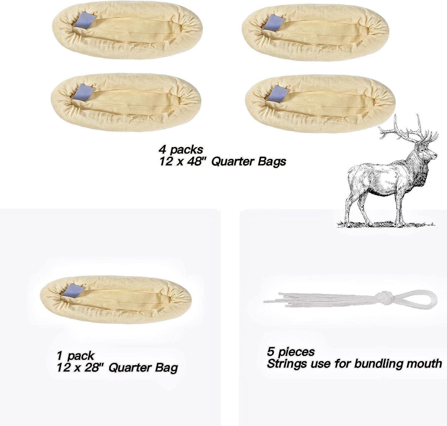 Reusable Elk Game Bags Hunting Meat, 5-Pack Meat Game Bags, Rolled Heavy Duty Quarter Bags, Big Game Bags for Elk, Caribou, Deer, 48-Inch x4, 28-Inch x1 : Sports & Outdoors