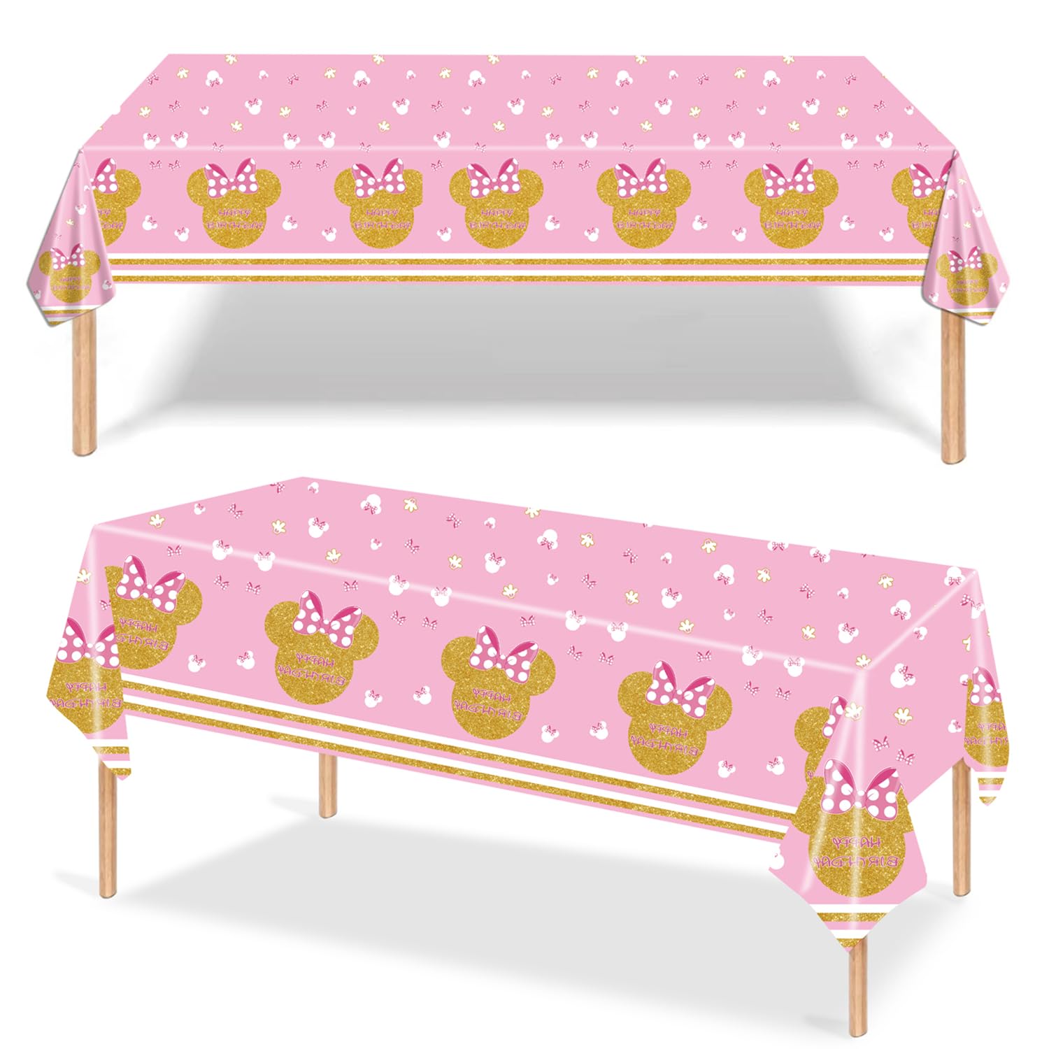 2Pcs Pink Gold Minnie Mouse Plastic Table Cloth,137*274 Rectangle Minnie Mouse Table Cloth for Girls Party,Pink Cute Table Cover for Kids Baby Shower Minnie Theme Birthday Party Table Décor