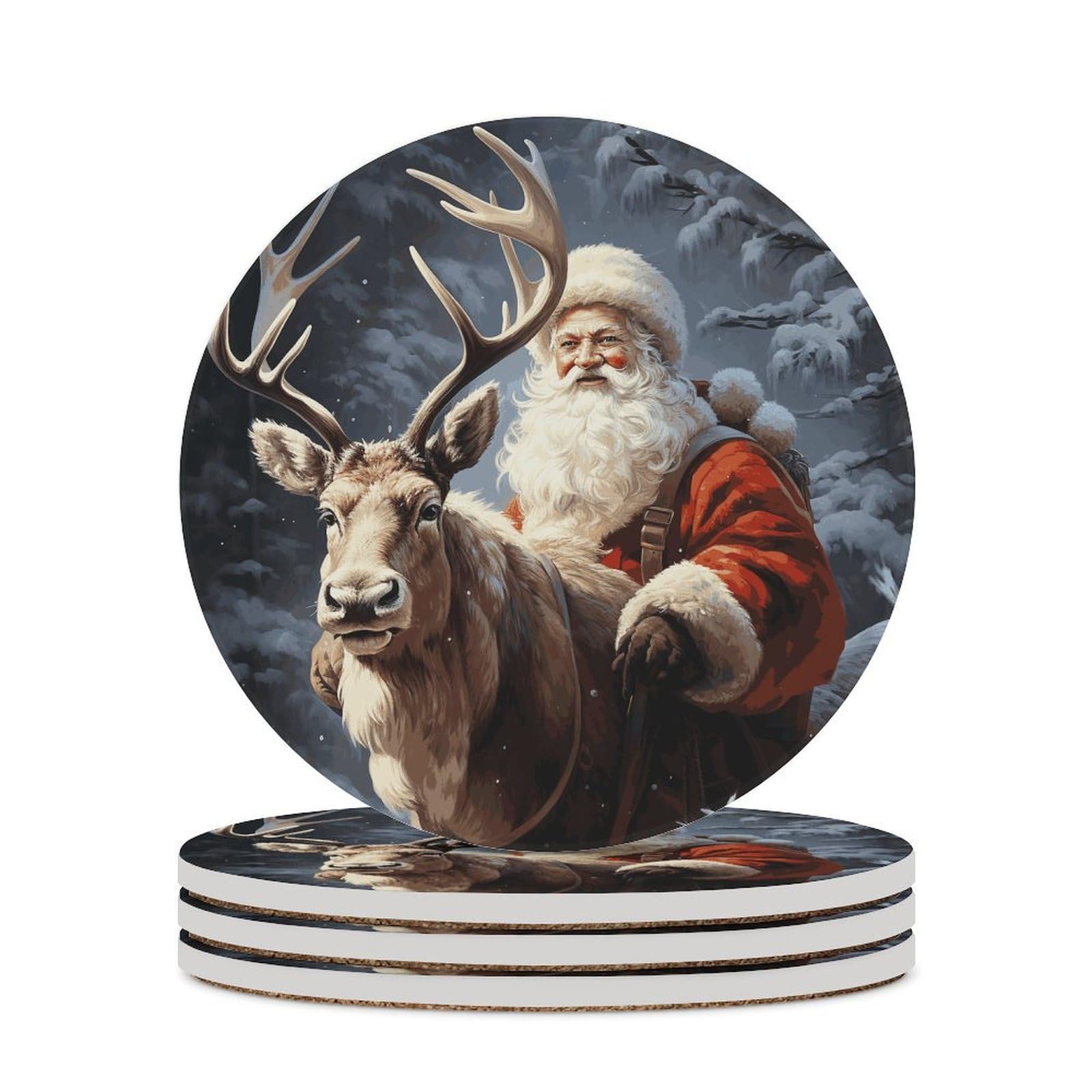 Khauerbc Style Santa Claus And Deer Elk Drink Coasters With Holder For Coffee Table,Ceramic Coaster With Cork Base,Ceramic Stone Coaster For Iced Cold Or Hot Drinks,4.1 Inches